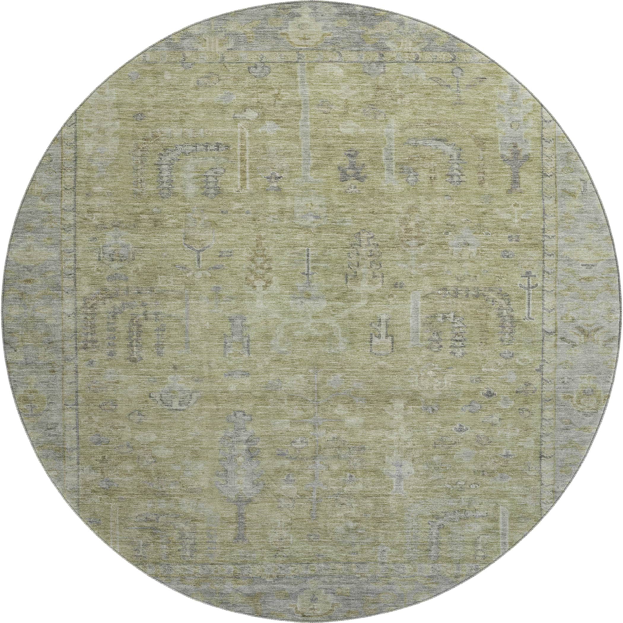Kathmandu Machine Washable Traditional Aloe Green Rug 8' x 8' #shape_Round