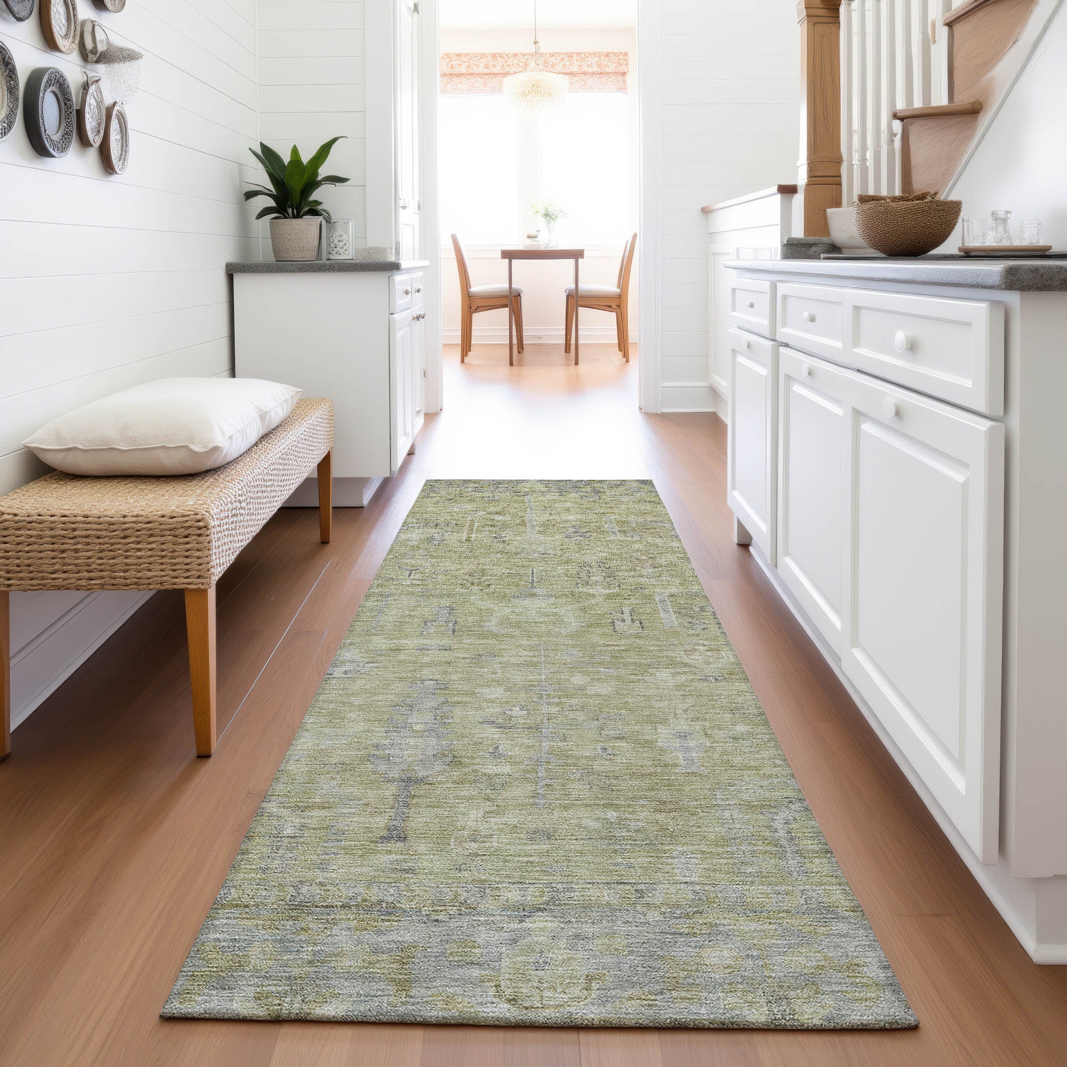 Kathmandu Machine Washable Traditional Aloe Green Rug 2'3" x 7'6" #shape_Runner