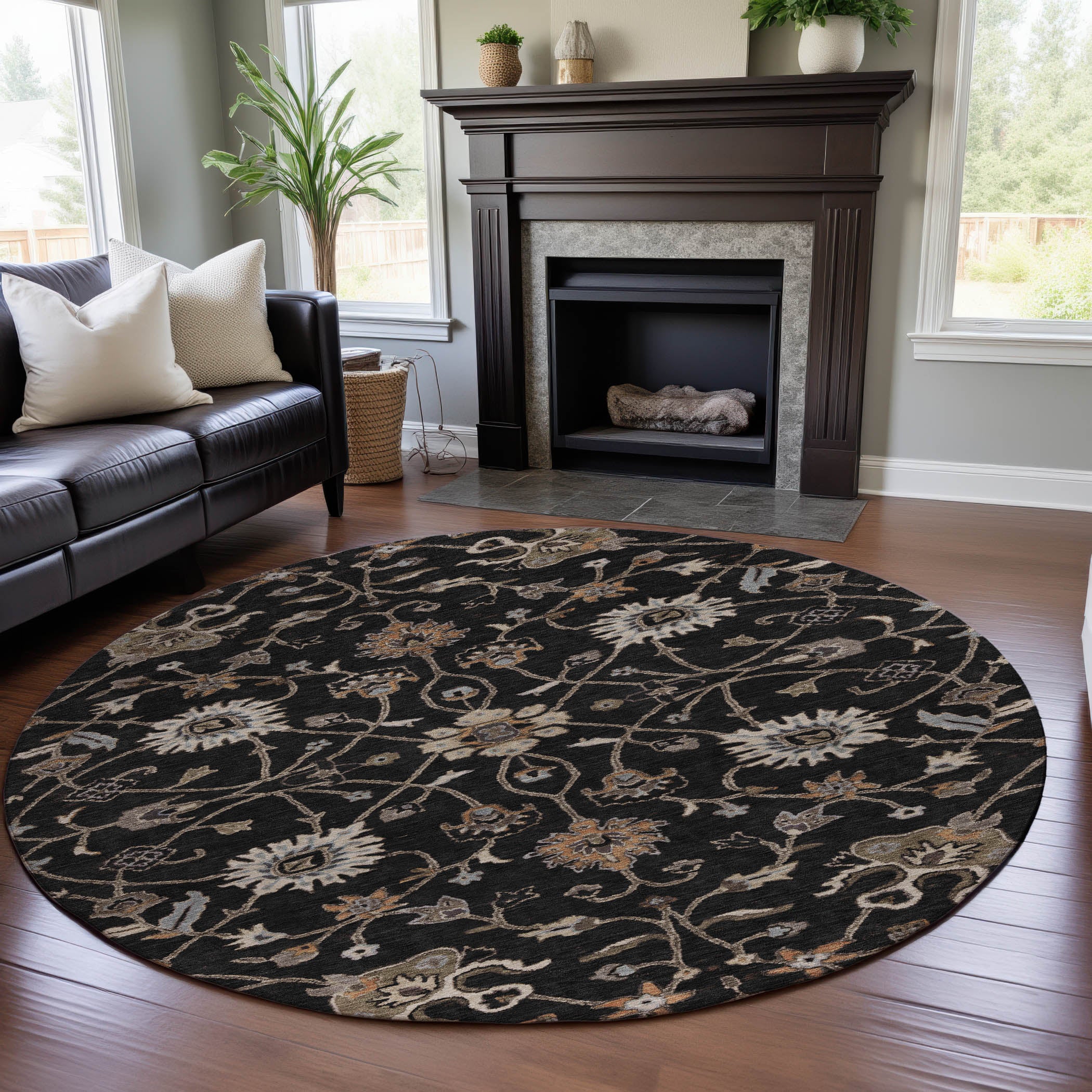 Marrakech Machine Washable Traditional Black Rug 8' x 8' #shape_Round