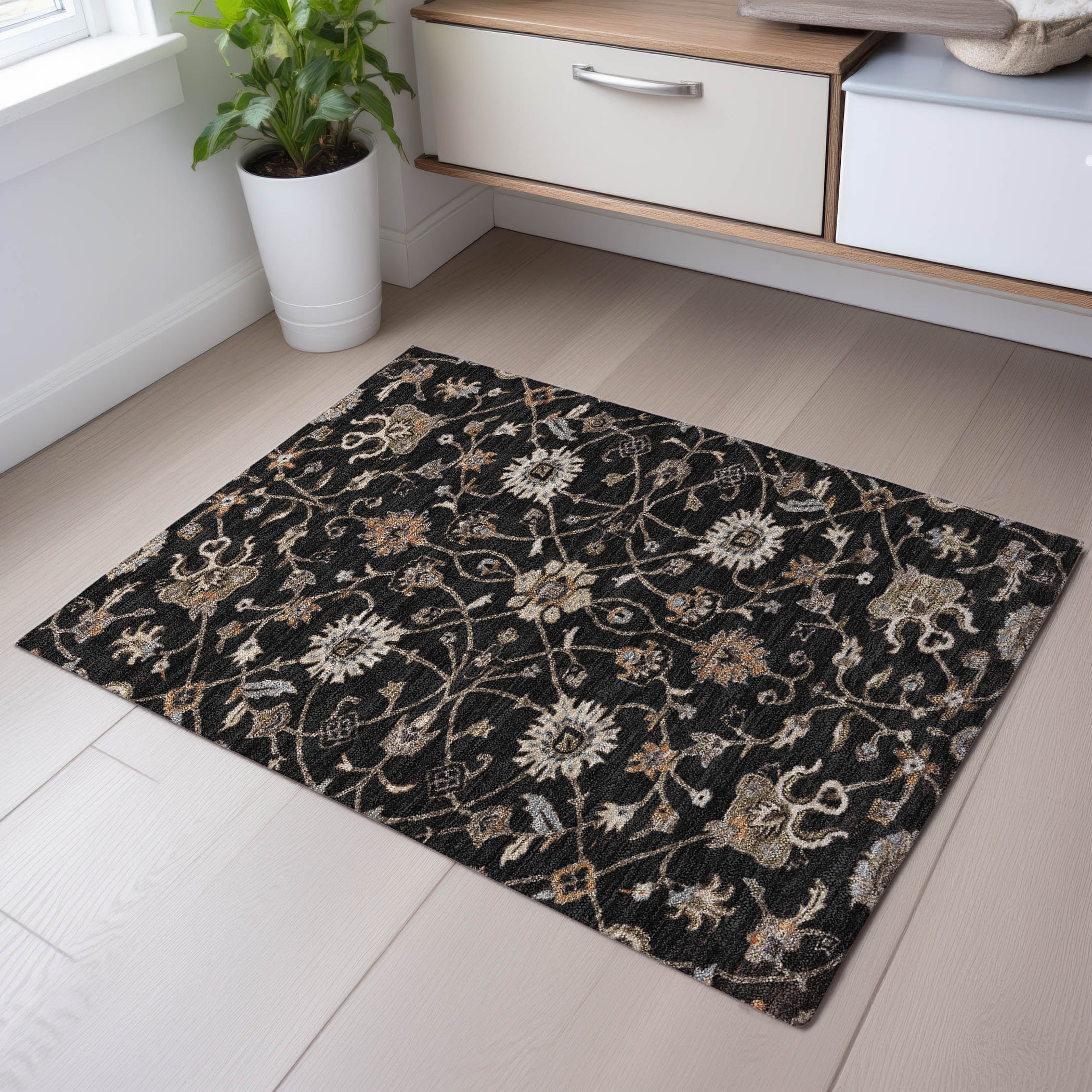 Marrakech Machine Washable Traditional Black Rug 1'8" x 2'6" #shape_Rectangle