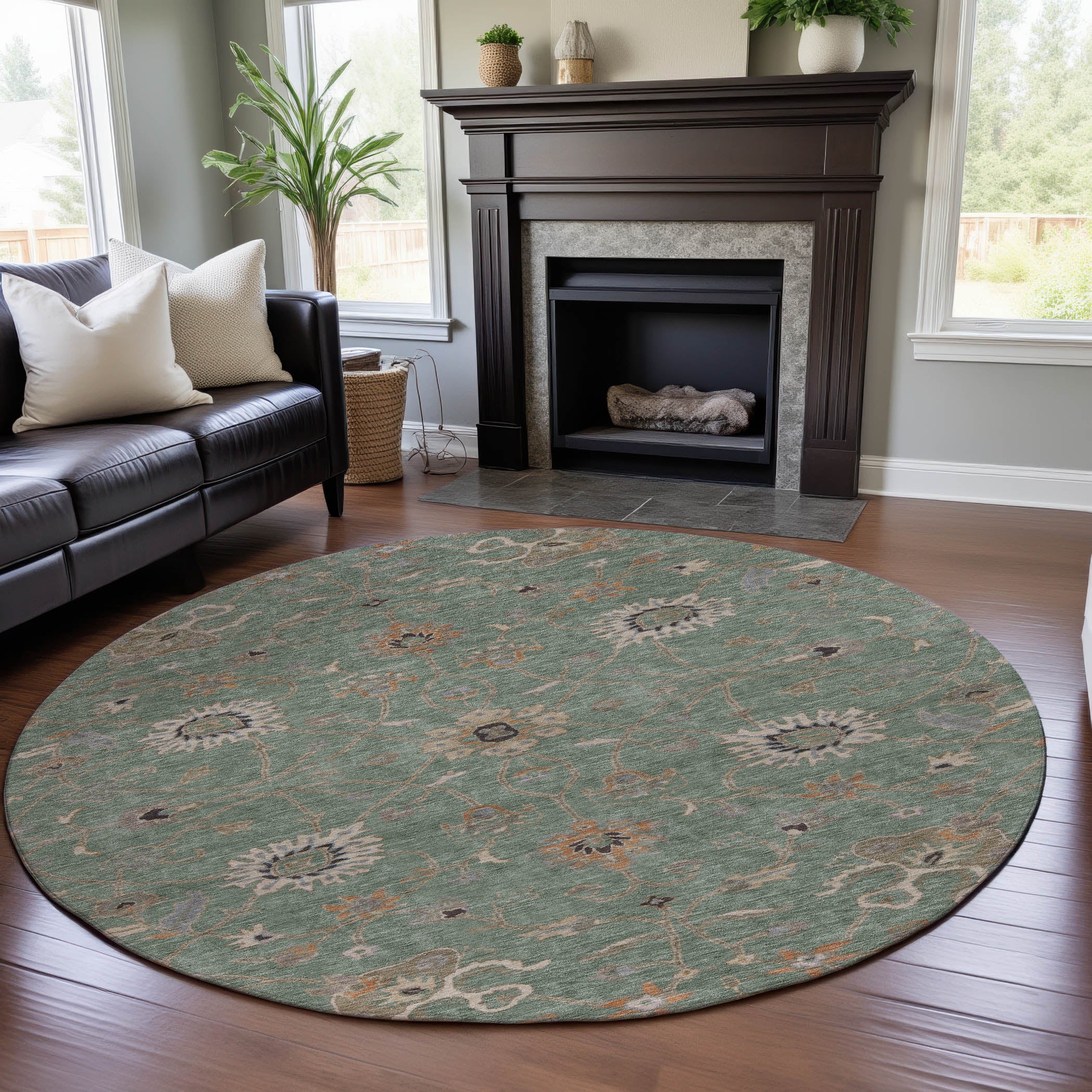 Marrakech Machine Washable Traditional Cactus Green Rug 8' x 8' #shape_Round