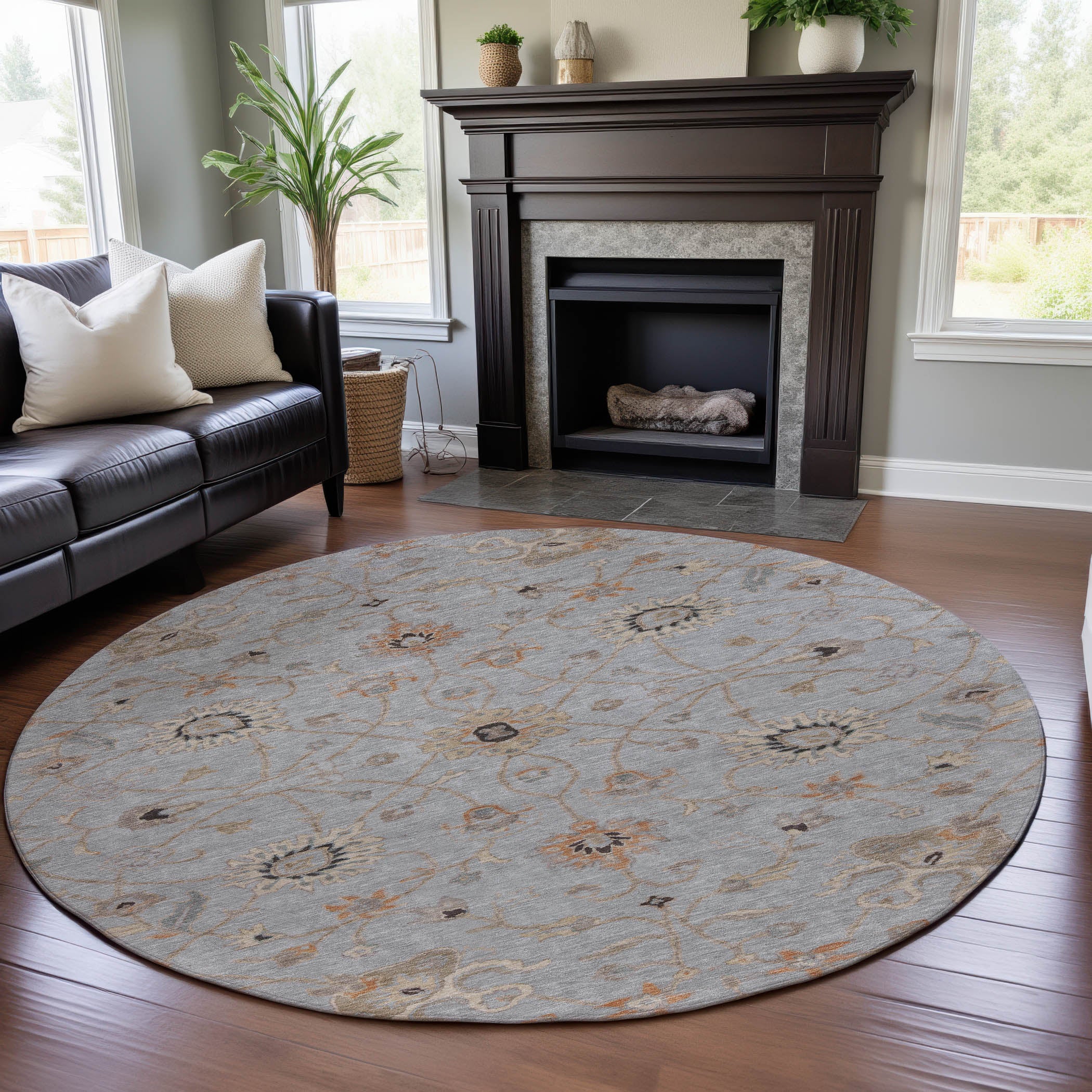 Marrakech Machine Washable Traditional Gray Rug 8' x 8' #shape_Round