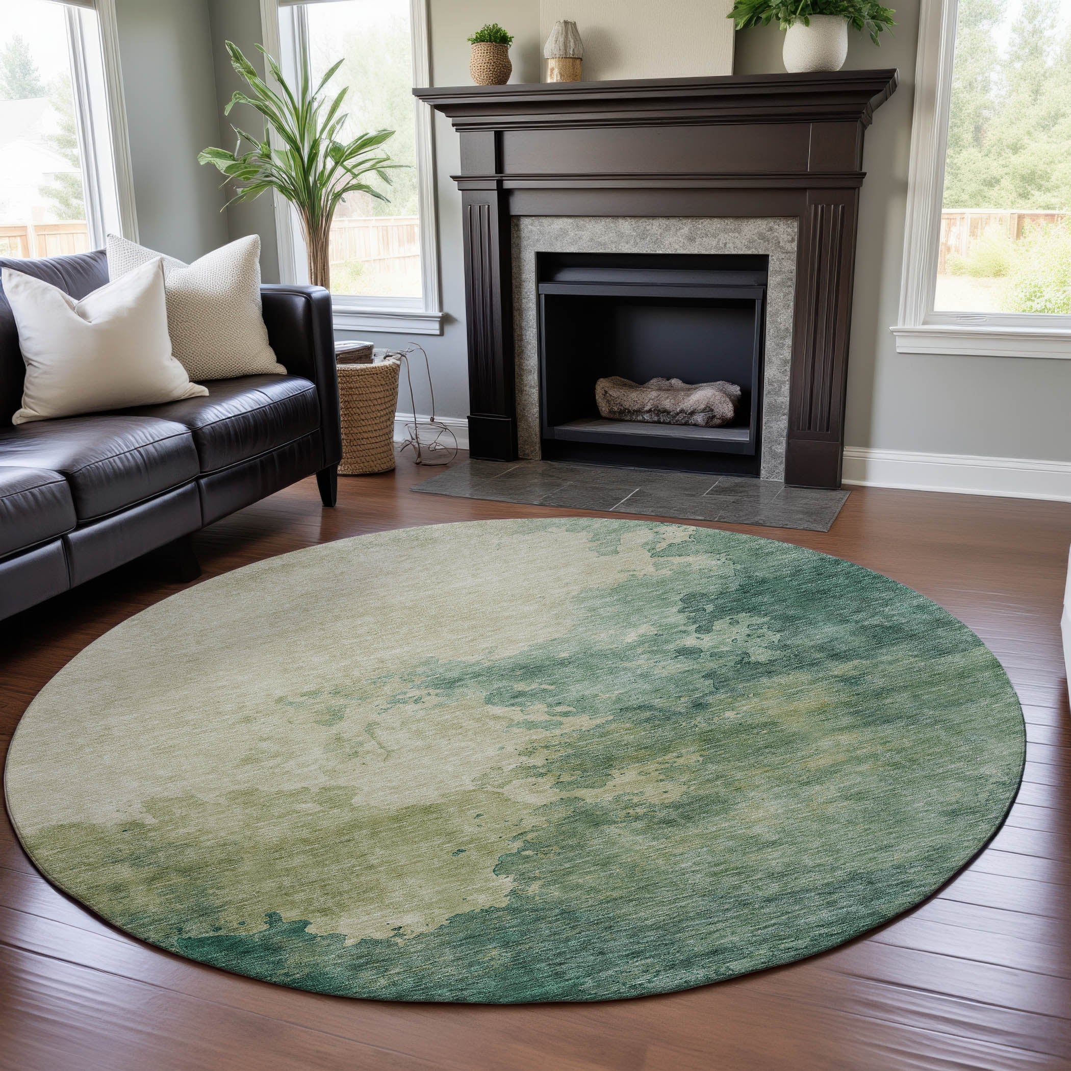 Rome Machine Washable Transitional Green Rug 8' x 8' #shape_Round