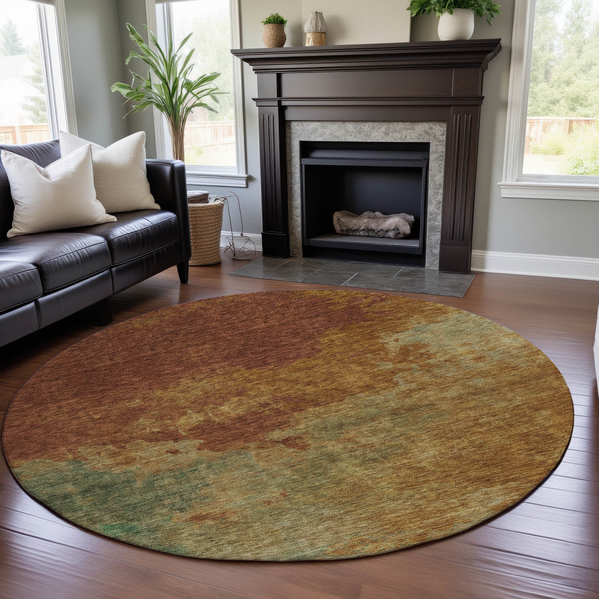 Rome Machine Washable Transitional Paprika Orange Rug 8' x 8' #shape_Round