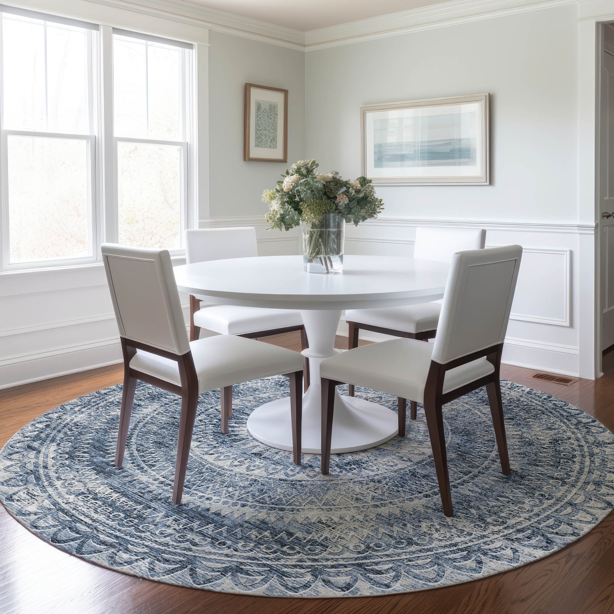 Antigua Machine Washable Transitional Blue Rug 8' x 8' #shape_Round