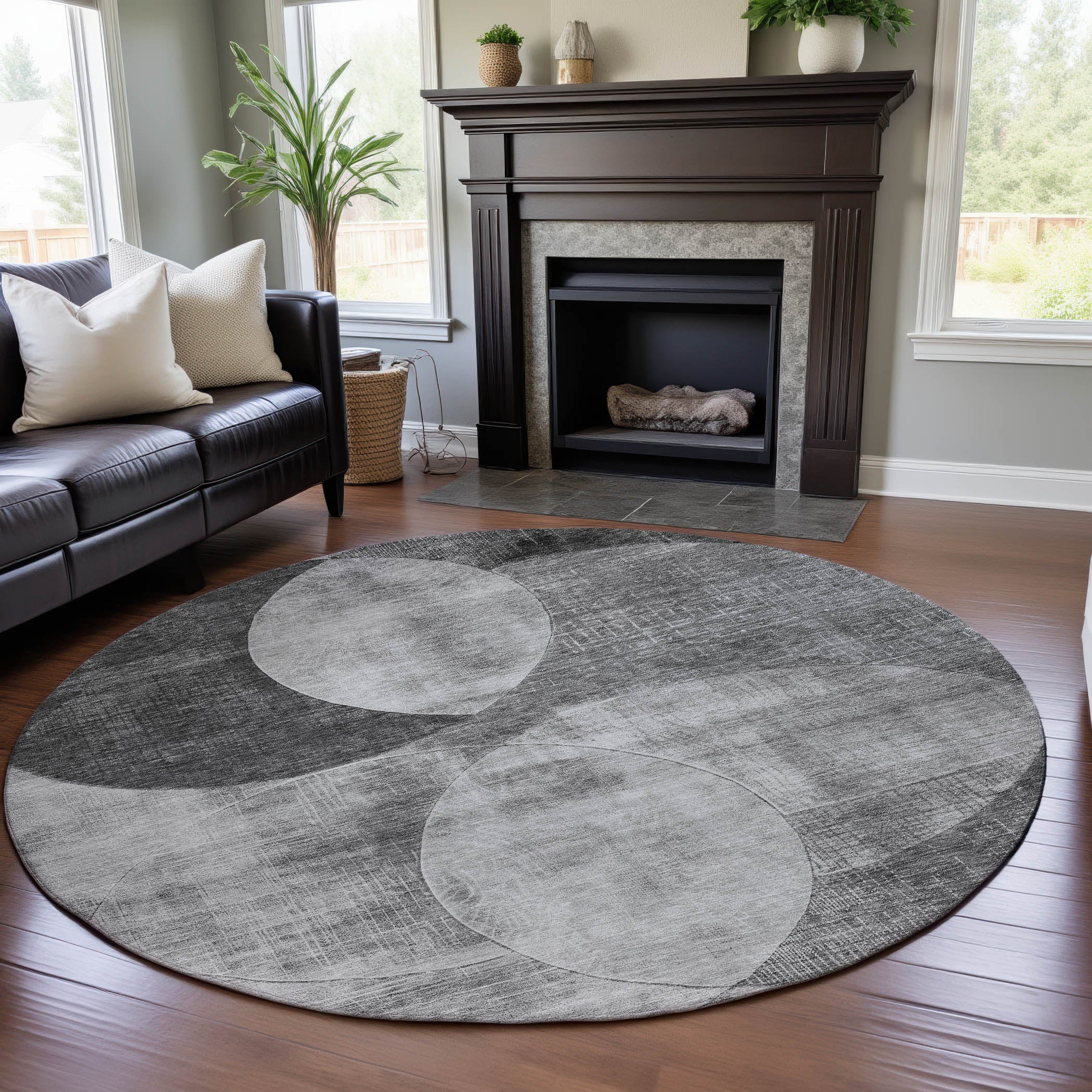 Lisbon Machine Washable Transitional Gray Rug 8' x 8' #shape_Round