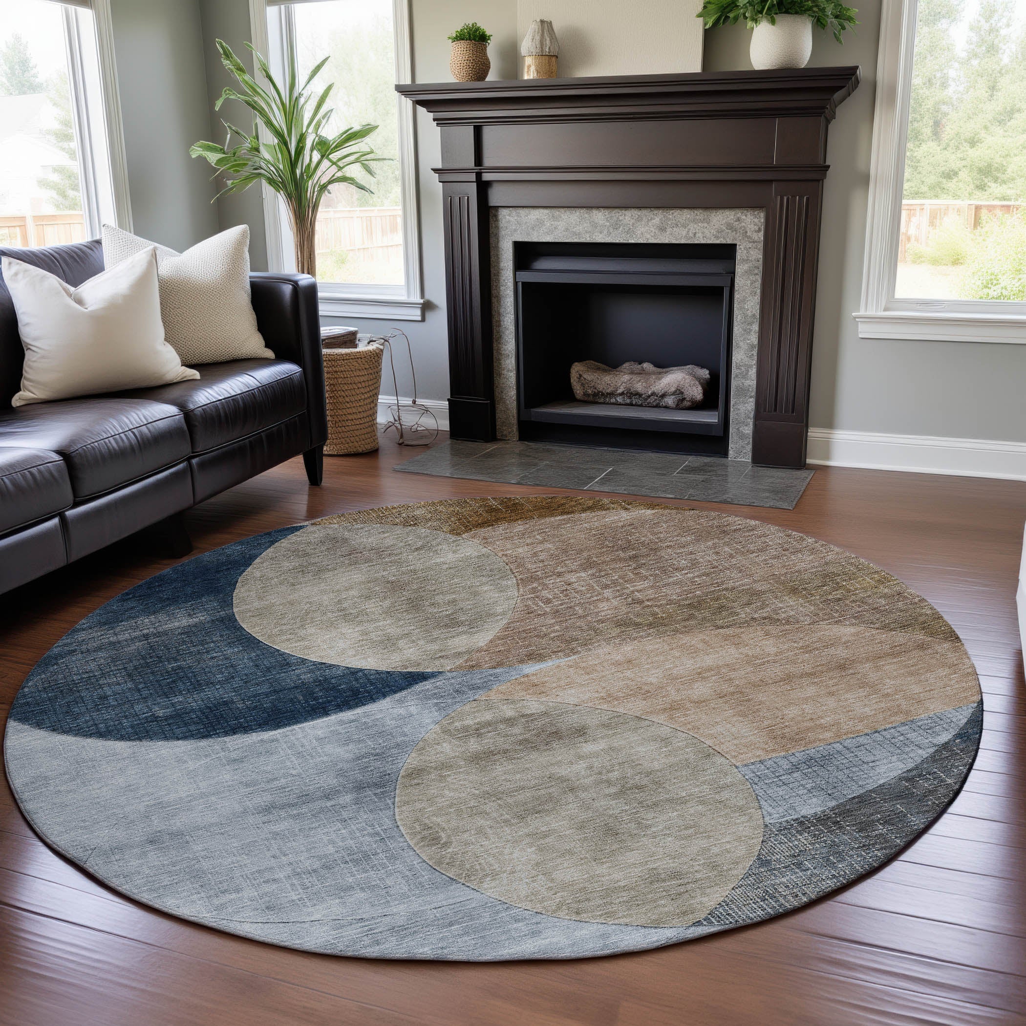 Lisbon Machine Washable Transitional Sky Blue Rug 8' x 8' #shape_Round
