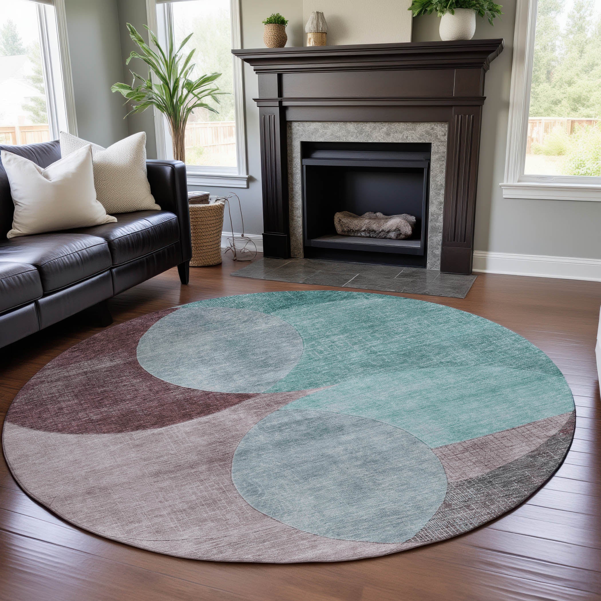 Lisbon Machine Washable Transitional Teal Rug 8' x 8' #shape_Round