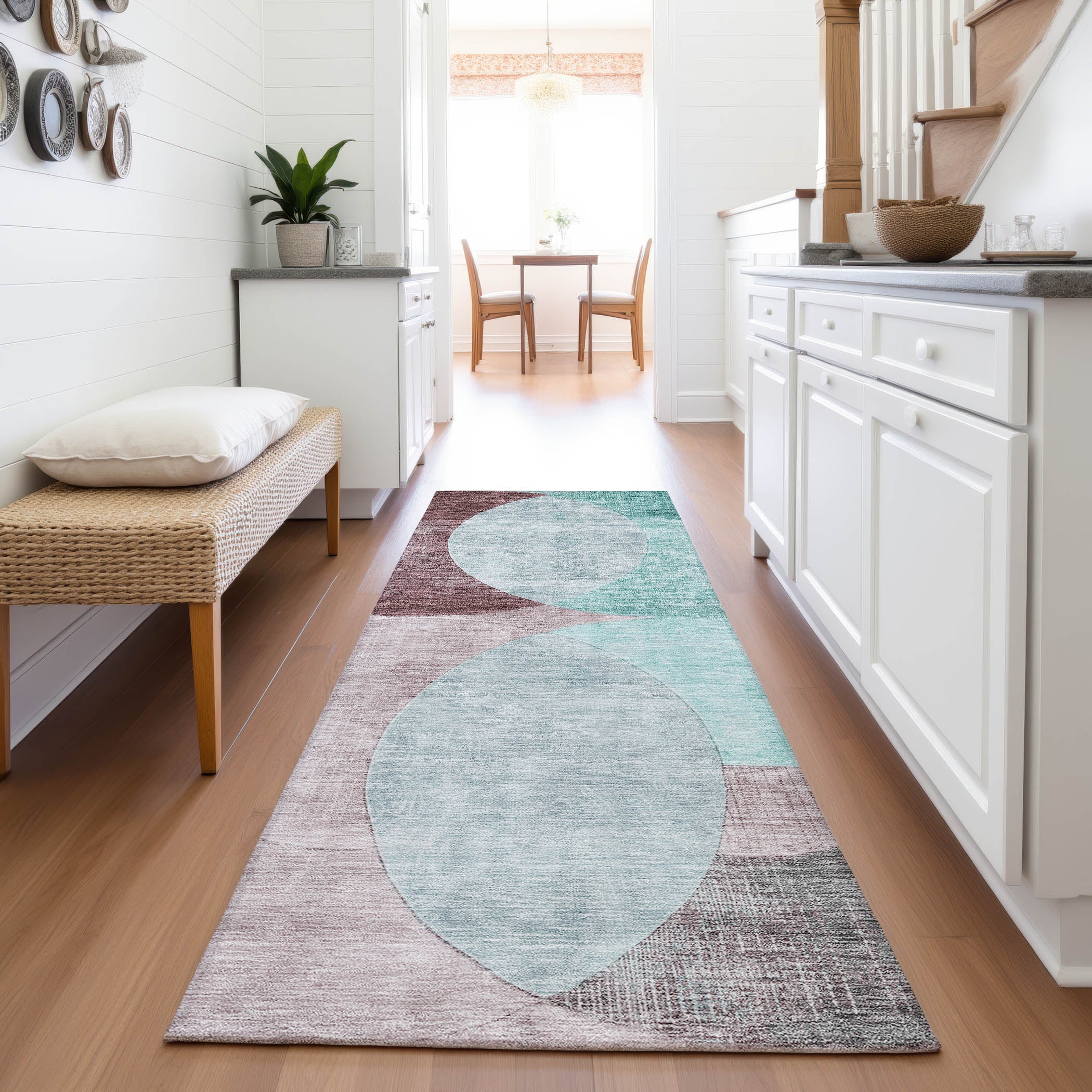 Lisbon Machine Washable Transitional Teal Rug 2'3" x 7'6" #shape_Runner