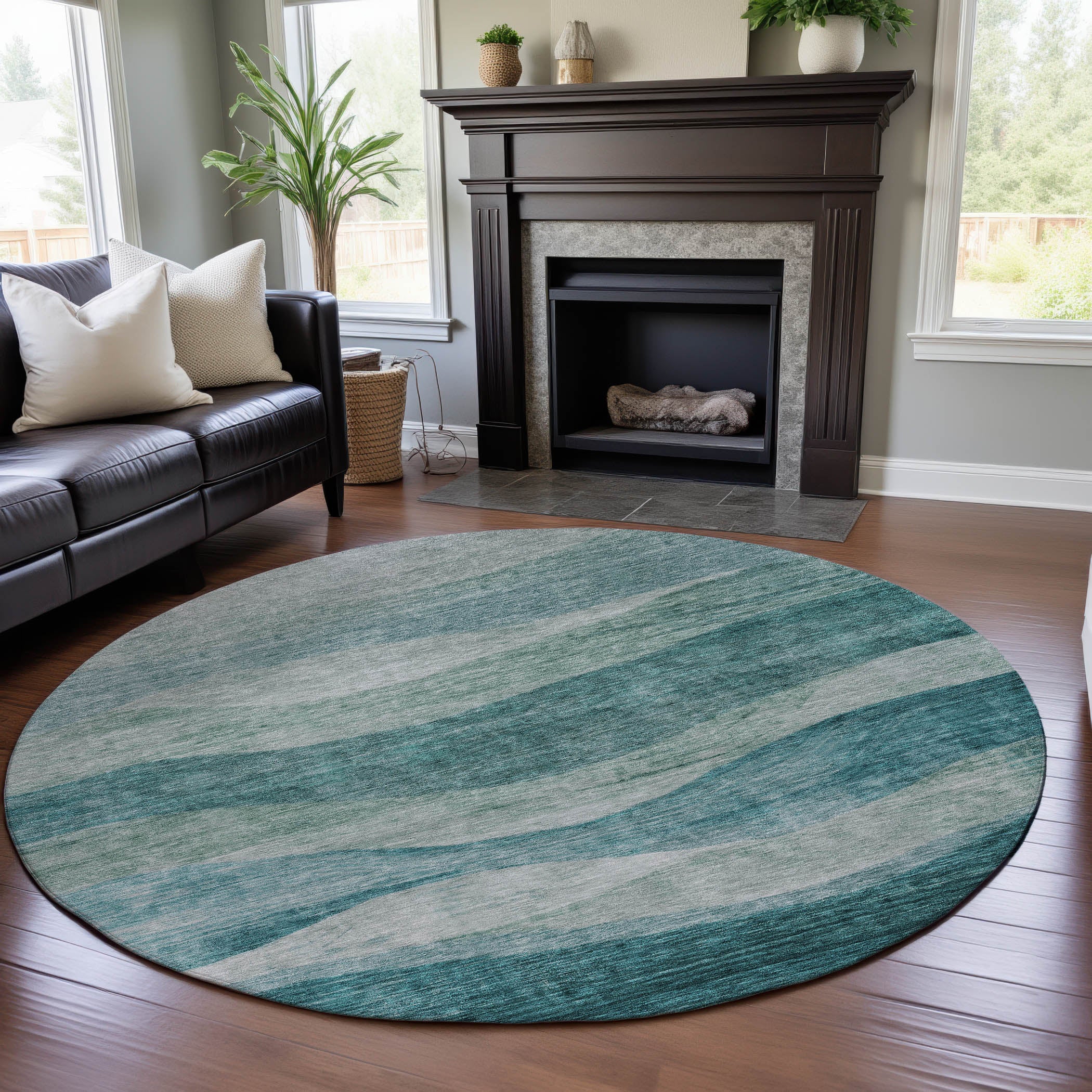 Cusco Machine Washable Transitional Seafoam Blue Rug 8' x 8' #shape_Round