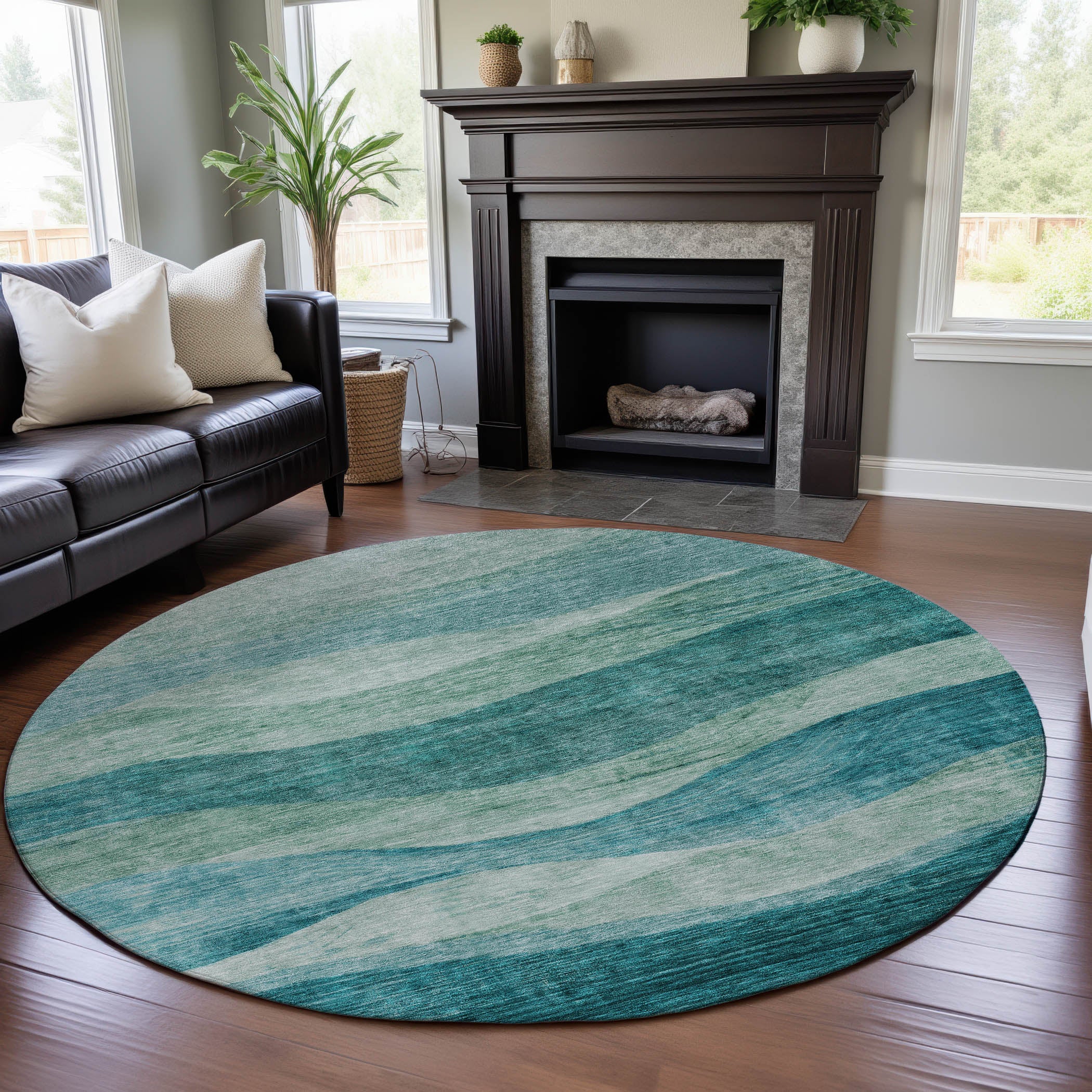 Cusco Machine Washable Transitional Teal Rug 8' x 8' #shape_Round