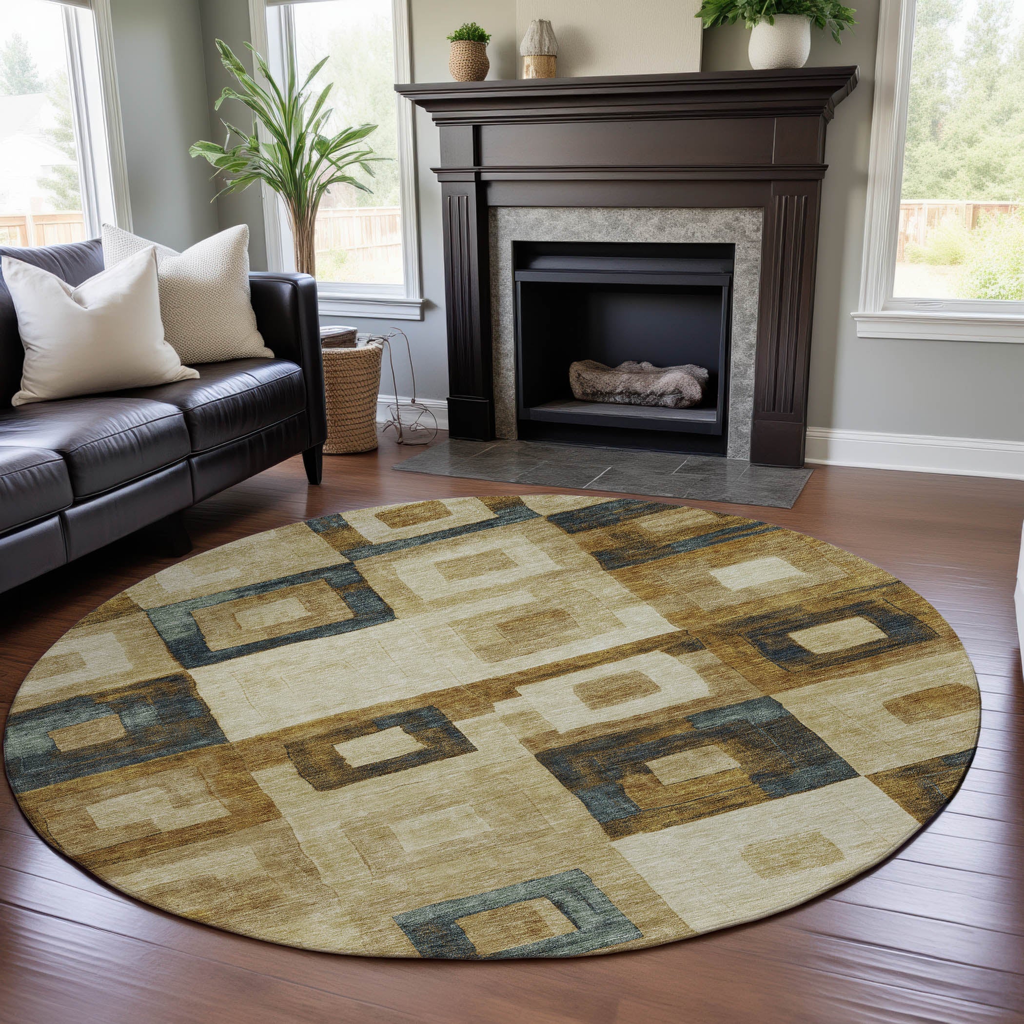 Chiang Mai Machine Washable Transitional Beige Brown Rug 8' x 8' #shape_Round