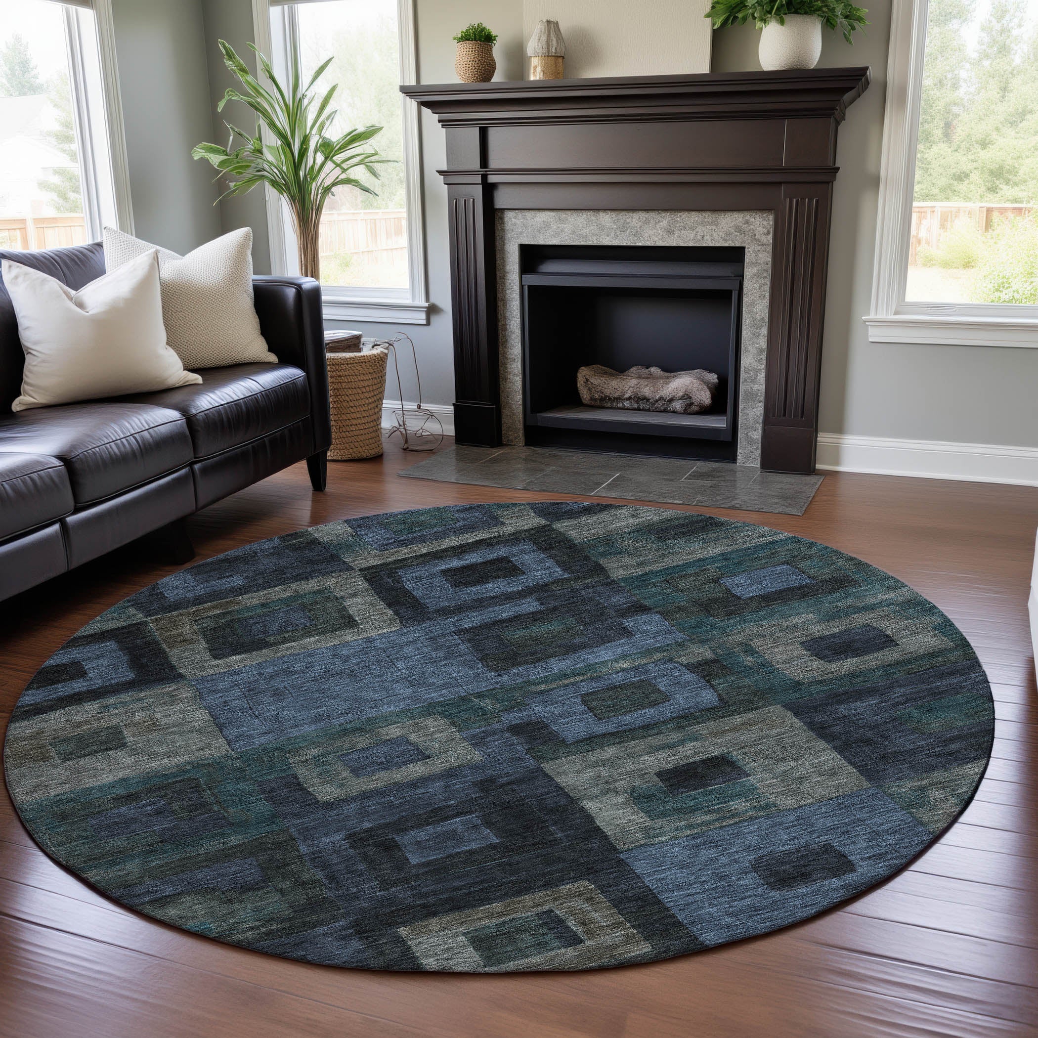 Chiang Mai Machine Washable Transitional Blue Rug 8' x 8' #shape_Round
