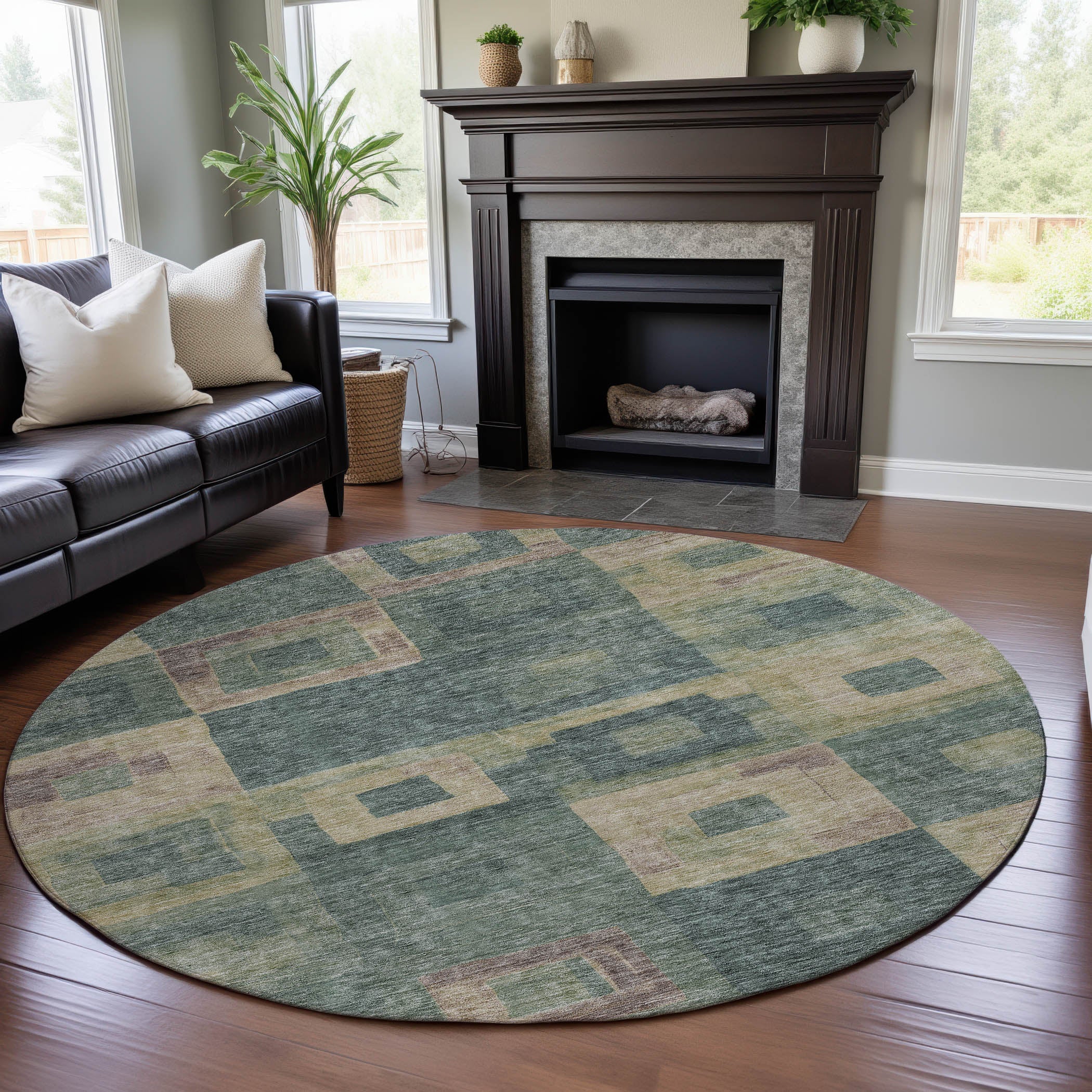 Chiang Mai Machine Washable Transitional Sage Green Rug 8' x 8' #shape_Round