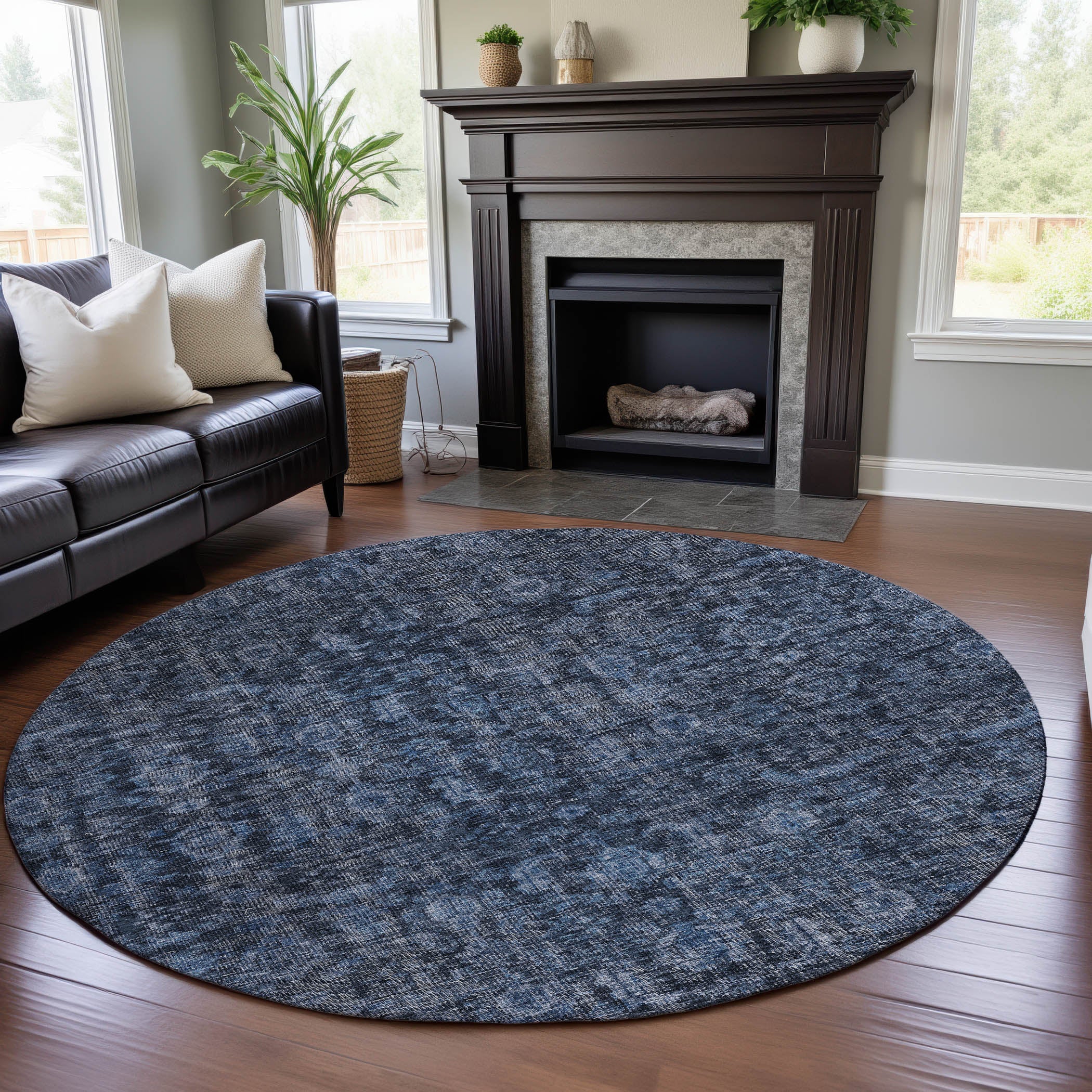 Vienna Machine Washable Transitional Blue Rug 8' x 8' #shape_Round