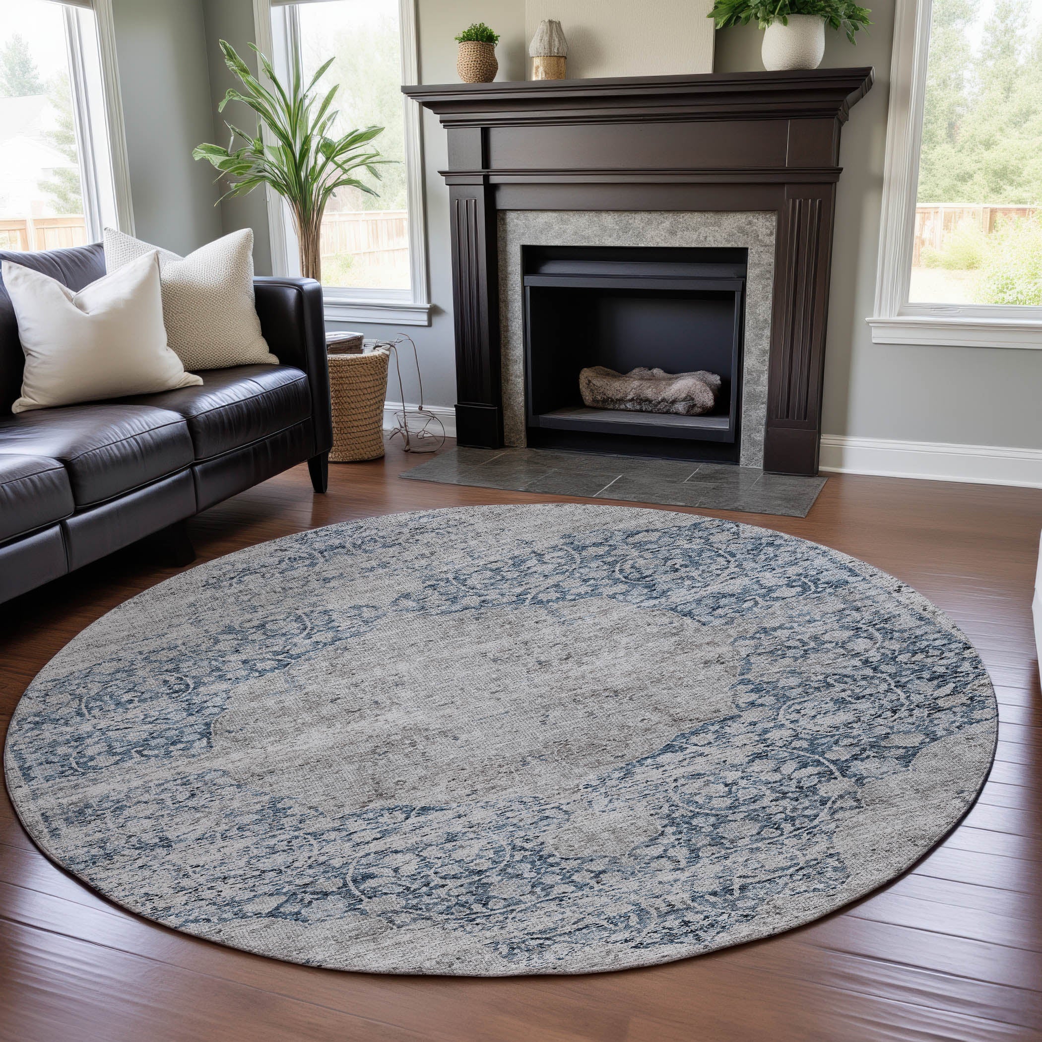 Bergen Machine Washable Traditional Blue Rug 8' x 8' #shape_Round