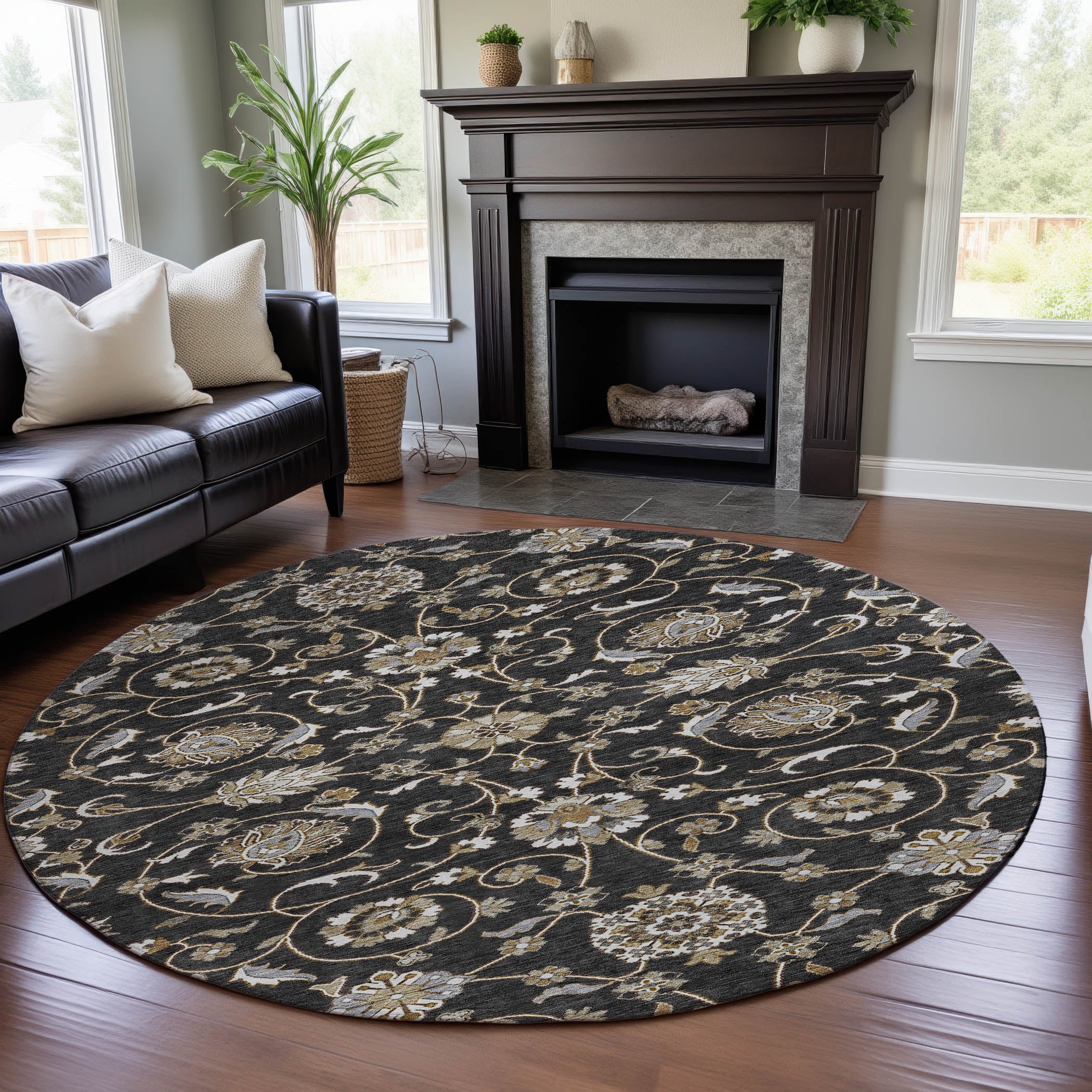 Lucerne Machine Washable Transitional Black Rug 8' x 8' #shape_Round
