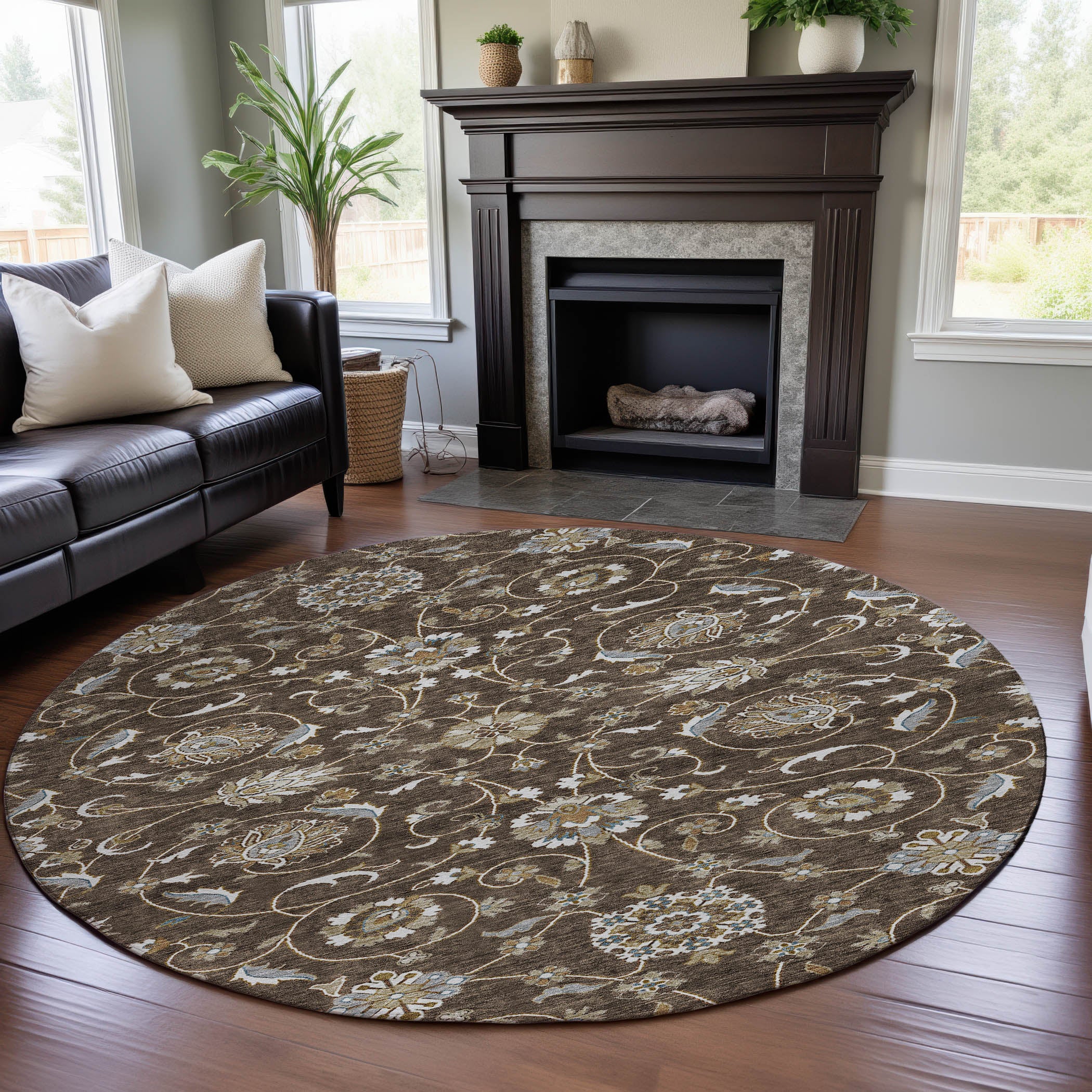 Lucerne Machine Washable Transitional Chocolate Brown Rug 8' x 8' #shape_Round