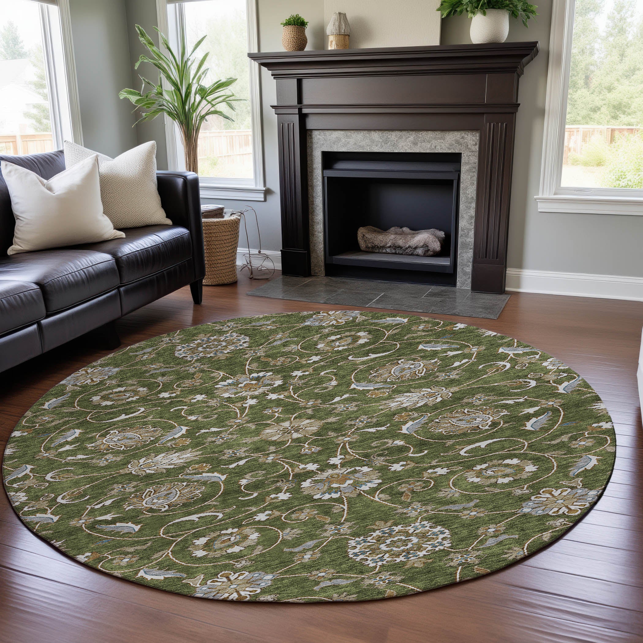Lucerne Machine Washable Transitional Olive Green Rug 8' x 8' #shape_Round