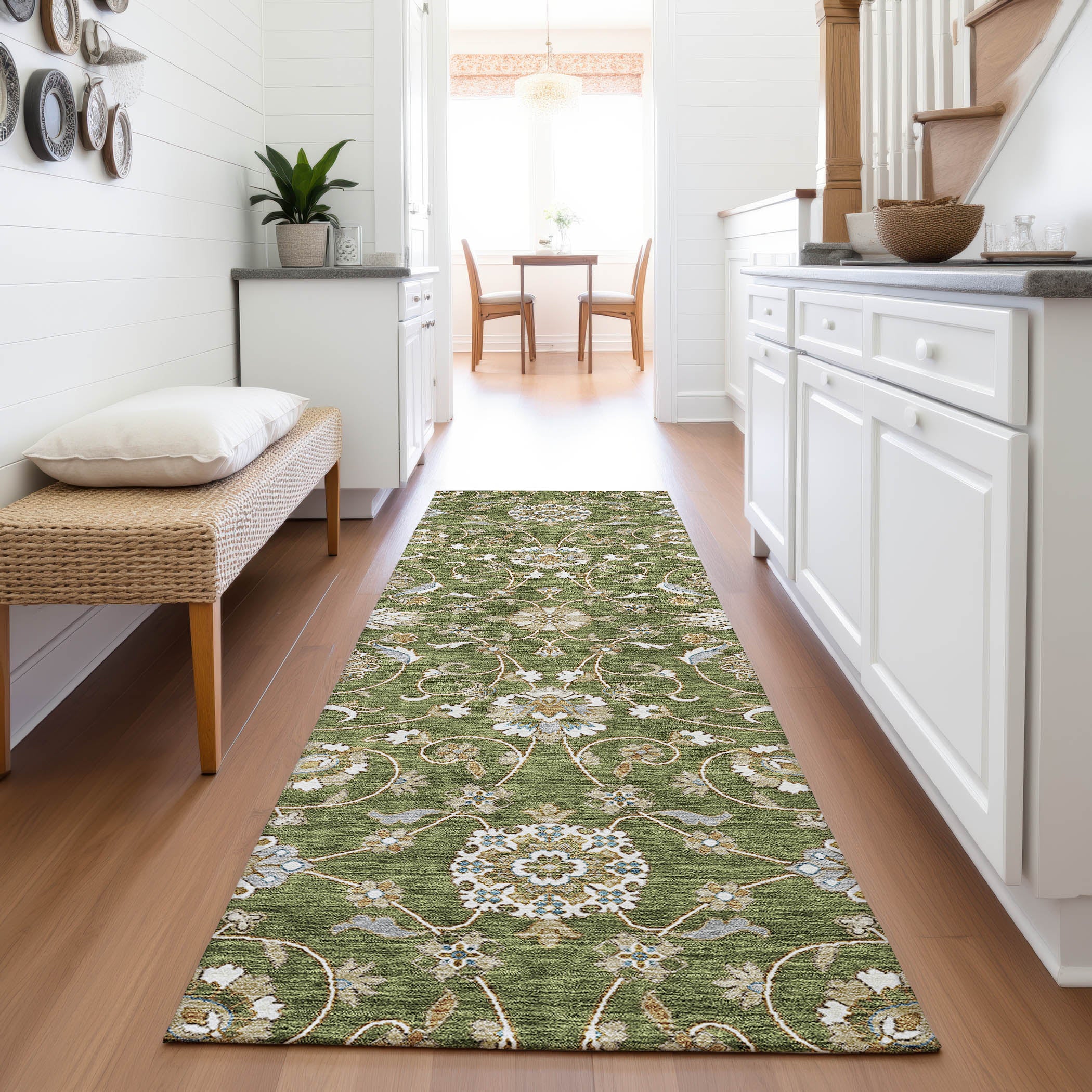 Lucerne Machine Washable Transitional Olive Green Rug 2'3" x 7'6" #shape_Runner