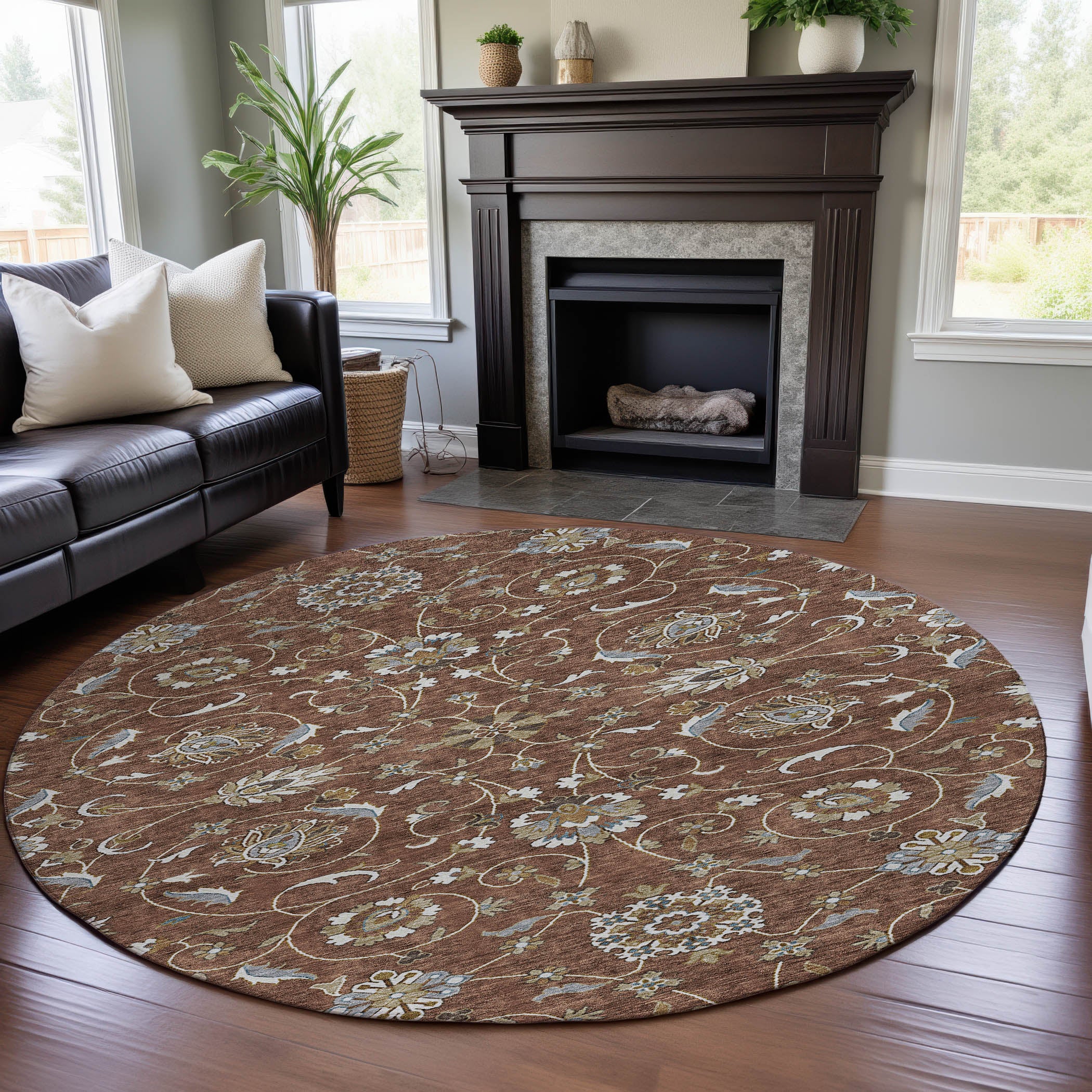 Lucerne Machine Washable Transitional Paprika Orange Rug 8' x 8' #shape_Round