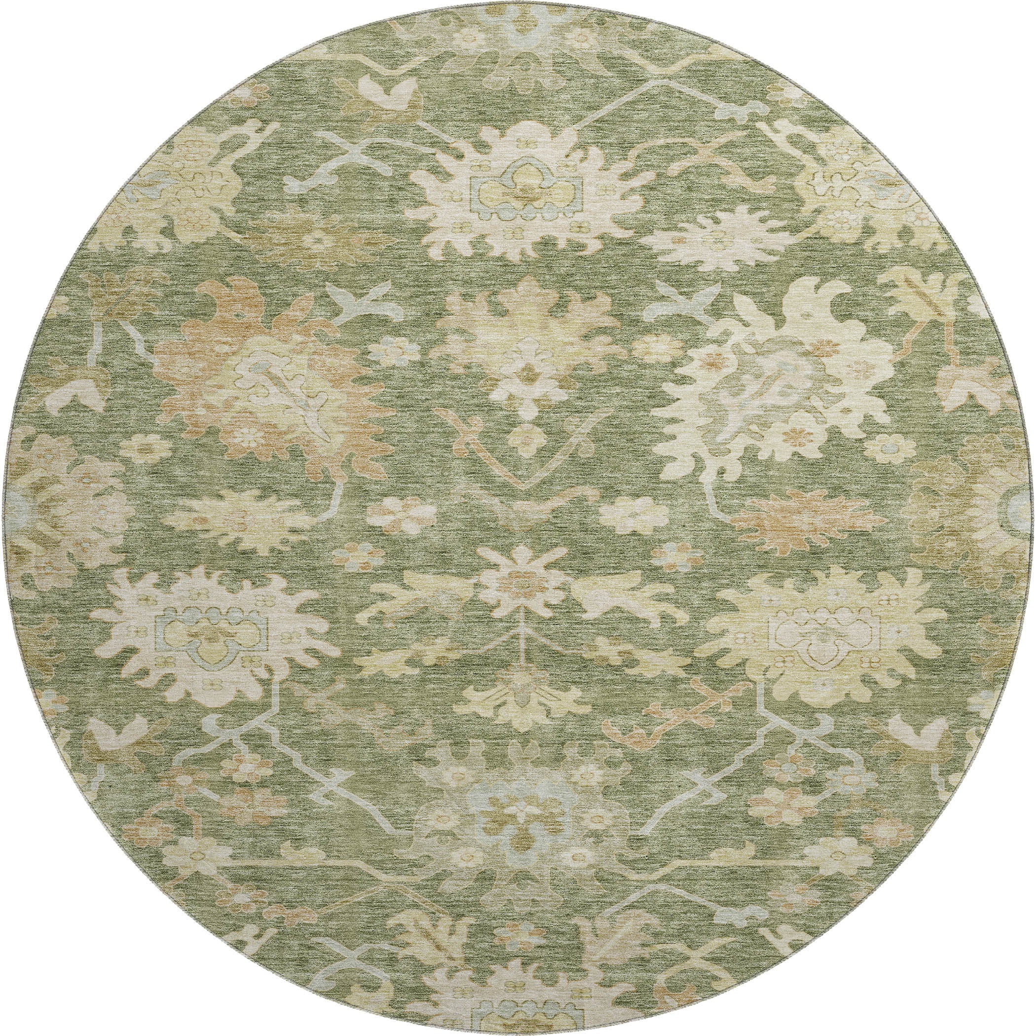 Baku Machine Washable Traditional Aloe Green Rug 8' x 8' #shape_Round