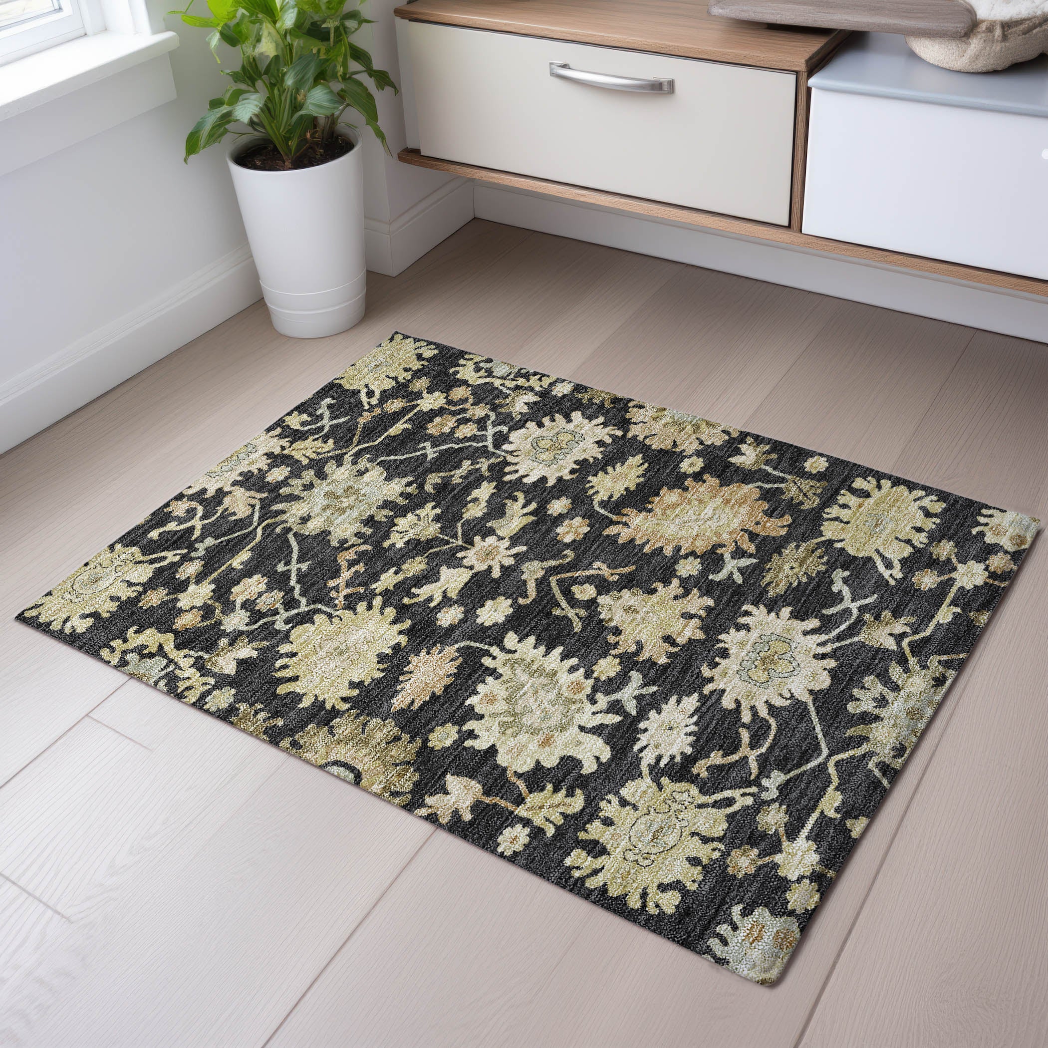 Baku Machine Washable Traditional Black Rug 1'8" x 2'6" #shape_Rectangle