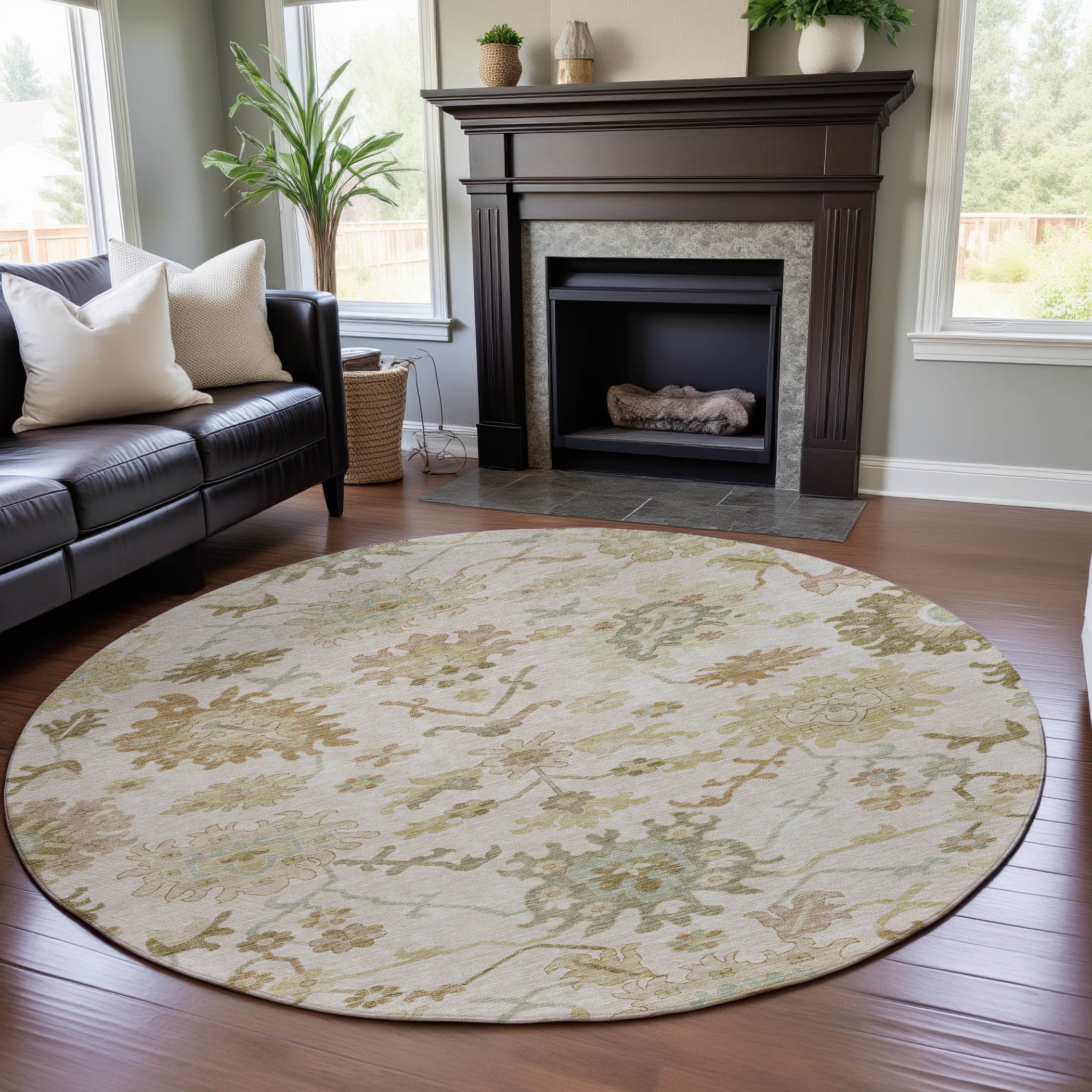 Baku Machine Washable Traditional Ivory Rug 8' x 8' #shape_Round