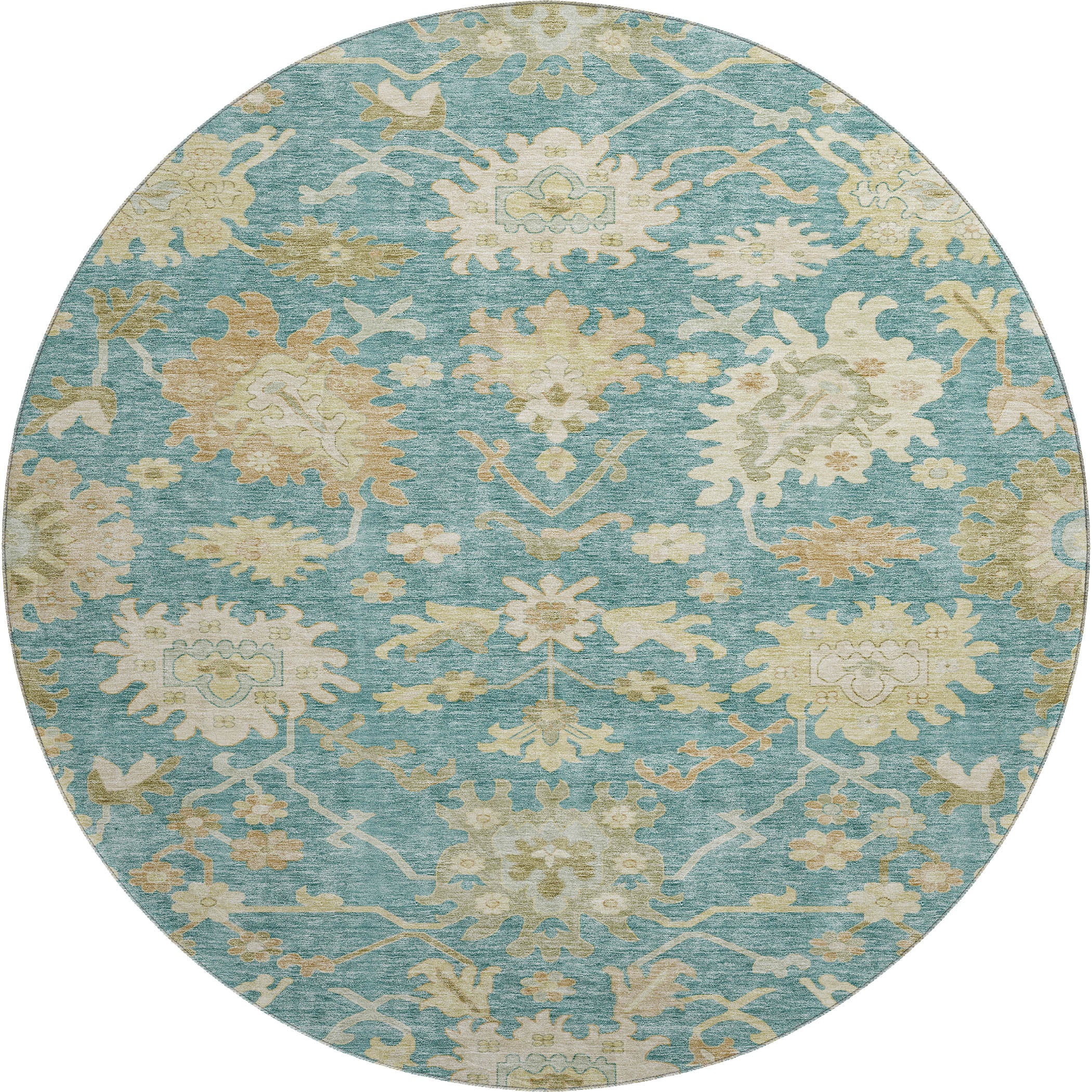 Baku Machine Washable Traditional Teal Rug 8' x 8' #shape_Round