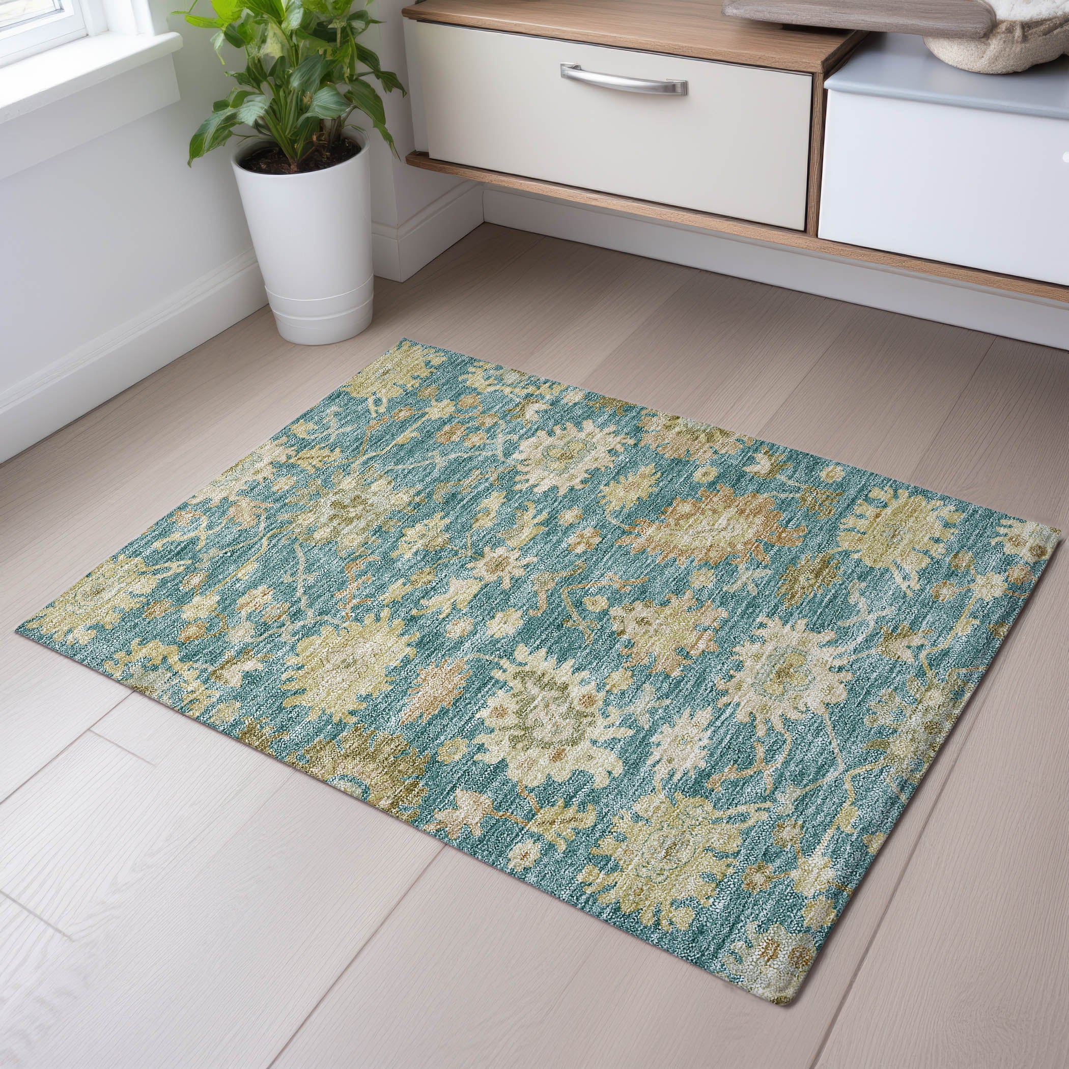 Baku Machine Washable Traditional Teal Rug 1'8" x 2'6" #shape_Rectangle