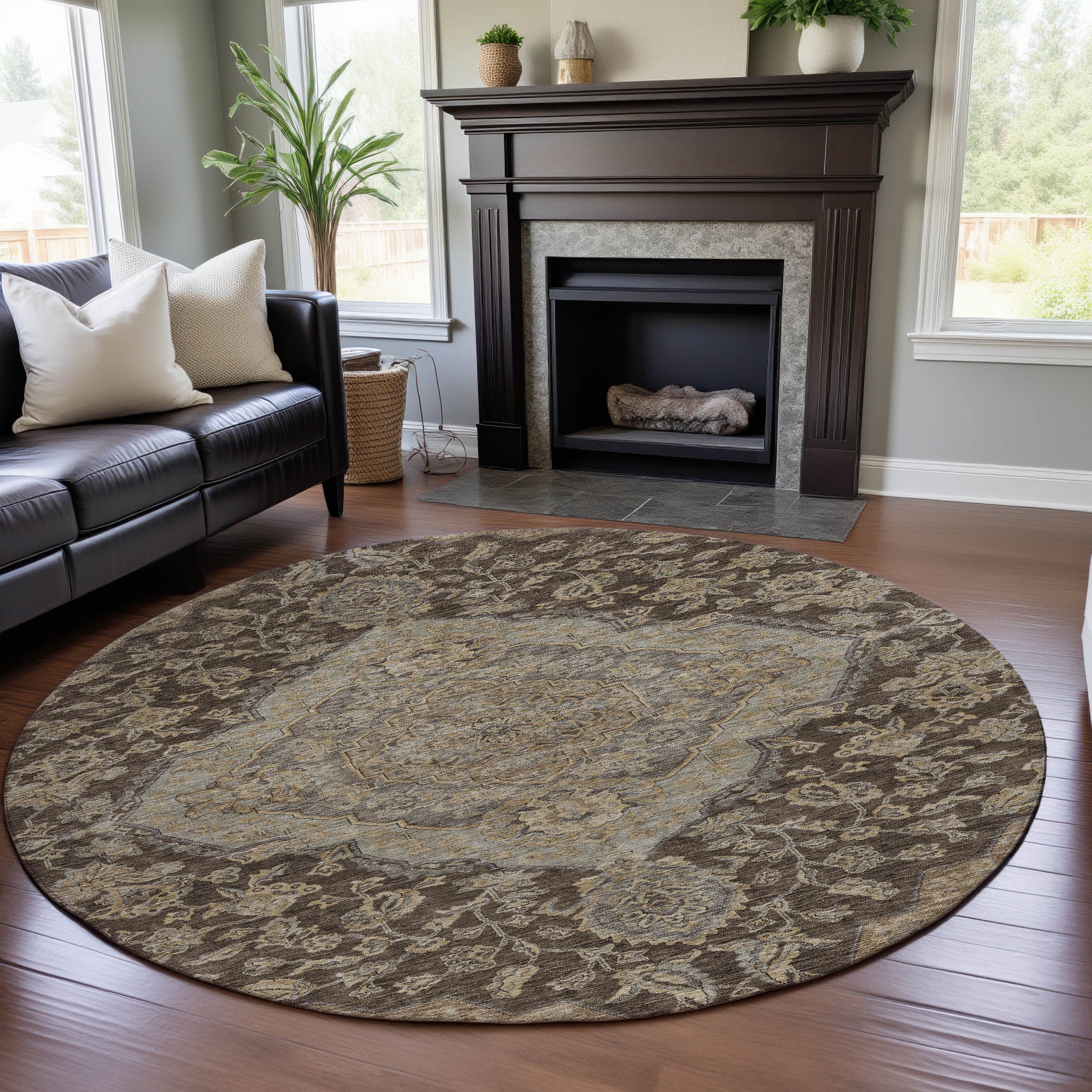 Marrakech Machine Washable Traditional Chocolate Brown Rug 8' x 8' #shape_Round