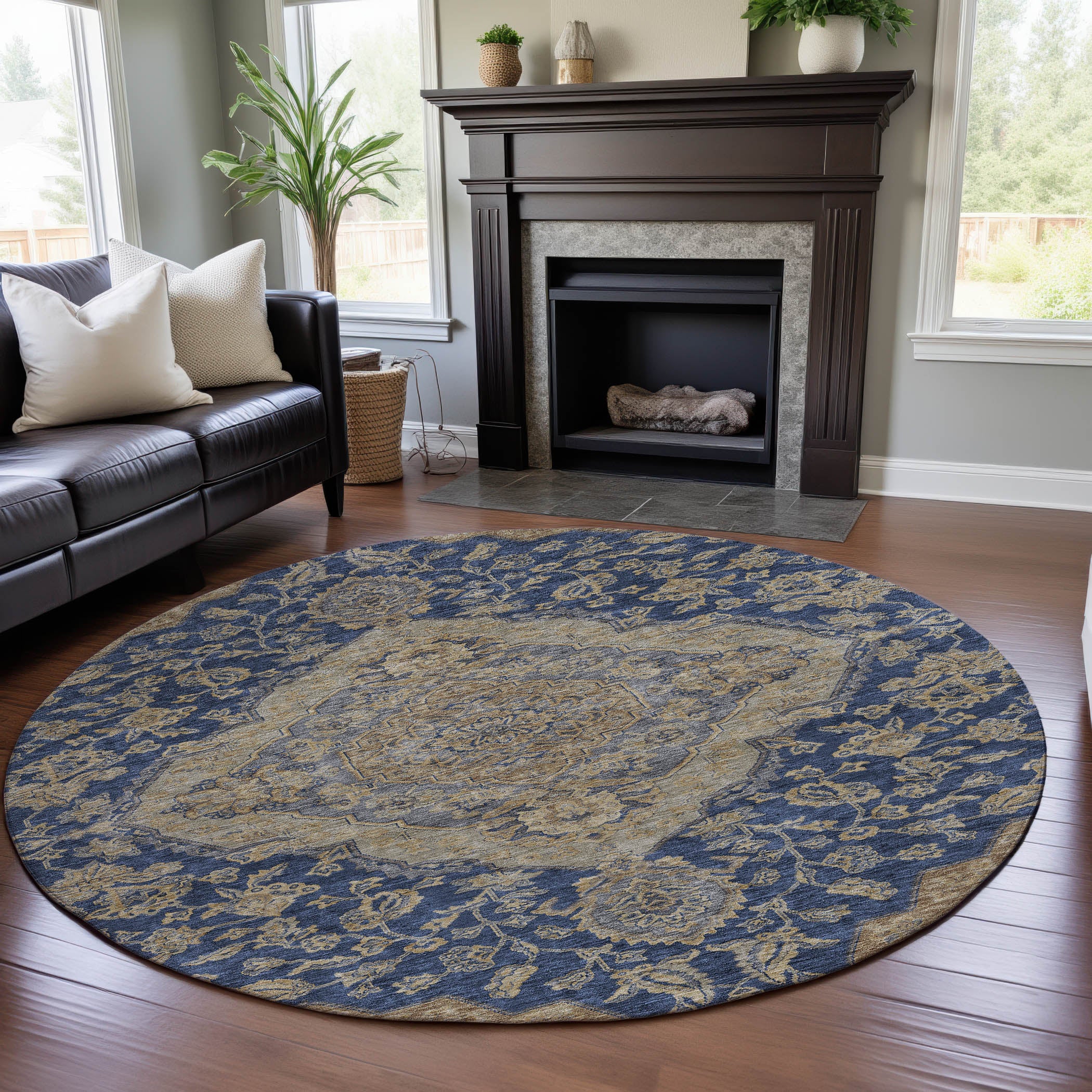 Marrakech Machine Washable Traditional Navy Blue Rug 8' x 8' #shape_Round