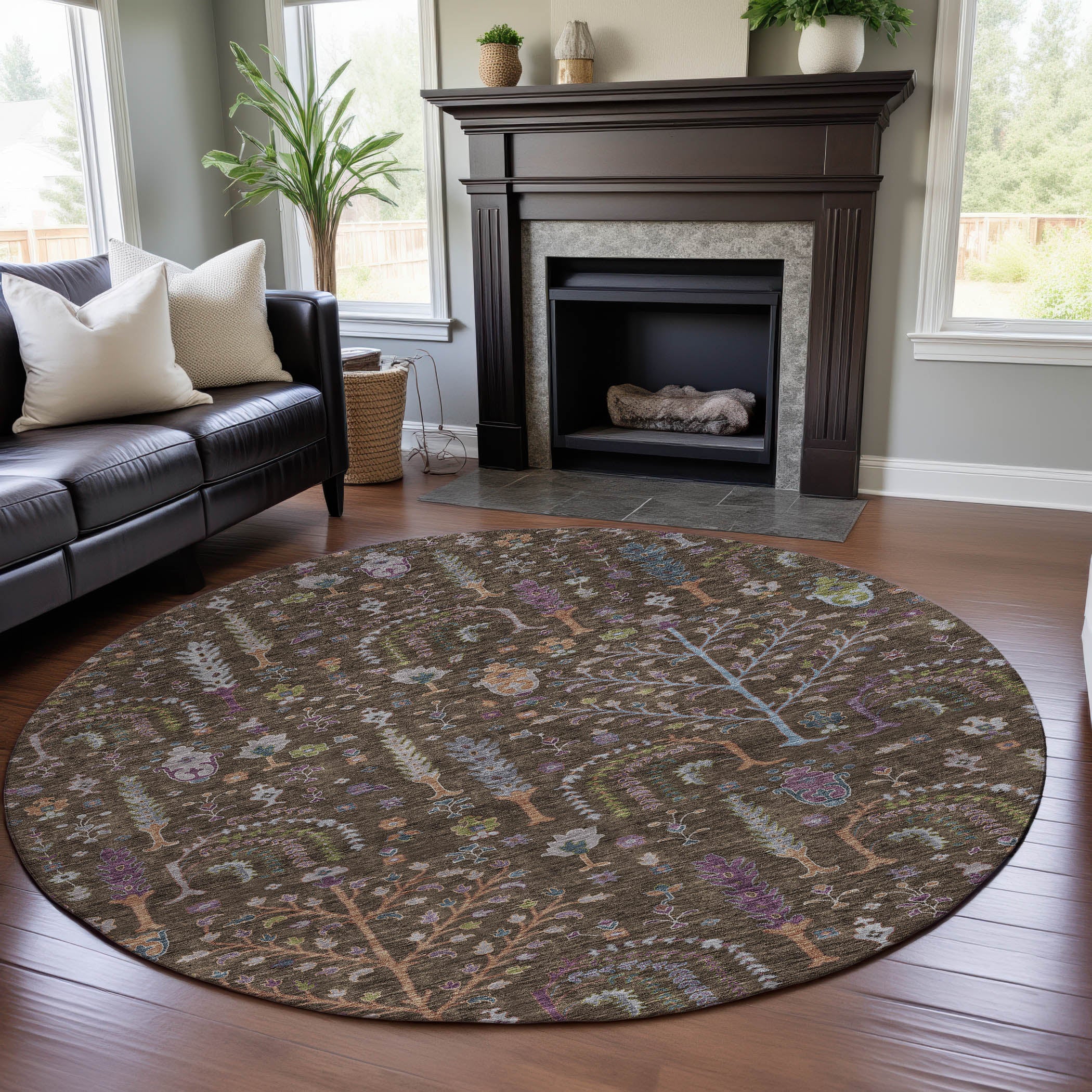 Reykjavik Machine Washable Transitional Brown Rug 8' x 8' #shape_Round