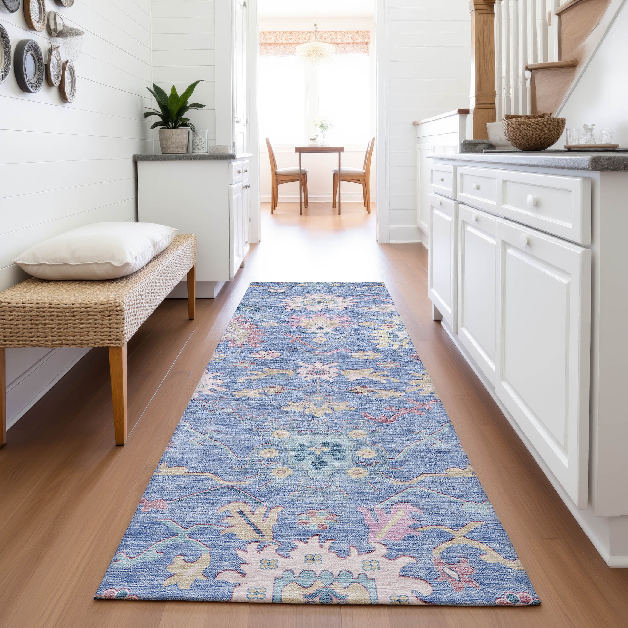 Porto Machine Washable Transitional Blue Rug 2'3" x 7'6" #shape_Runner