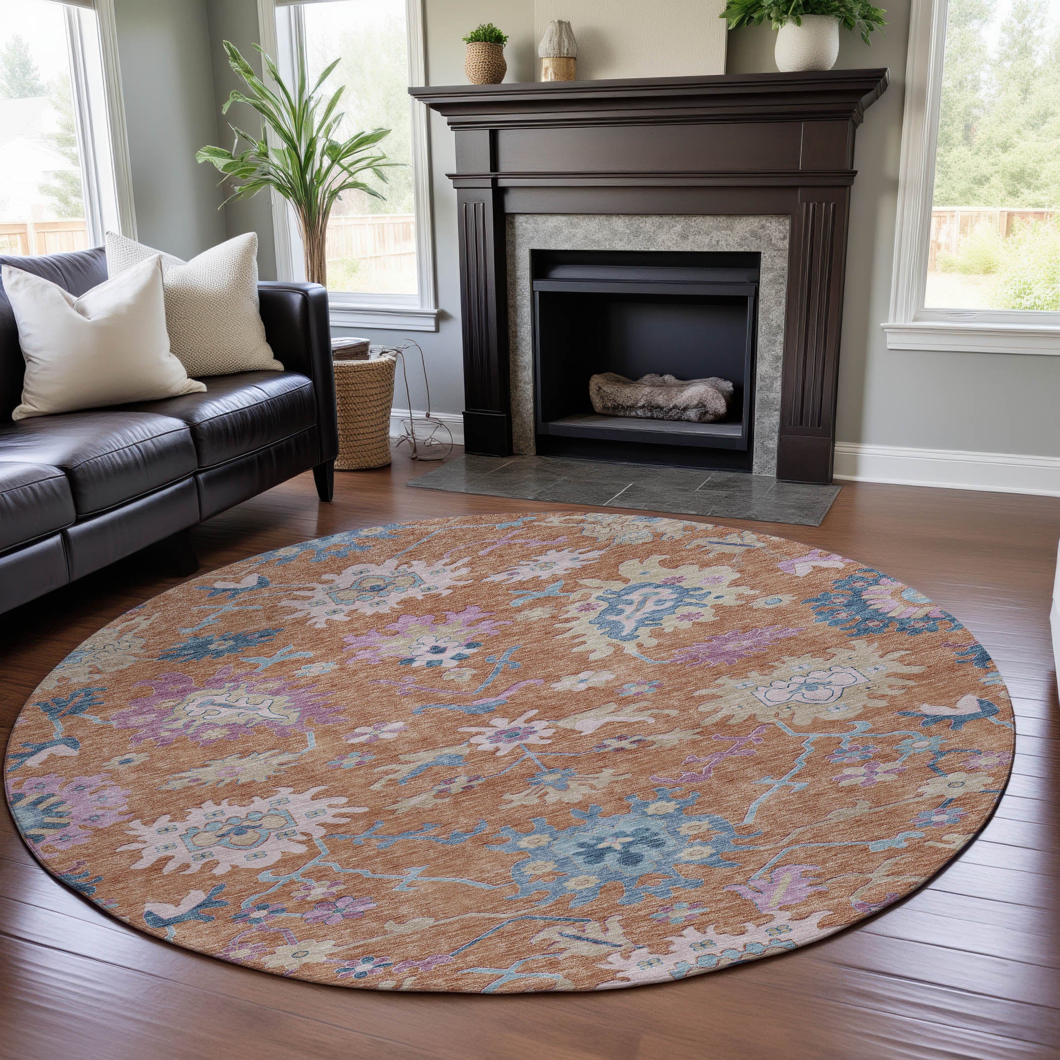 Porto Machine Washable Transitional Orange Rug 8' x 8' #shape_Round
