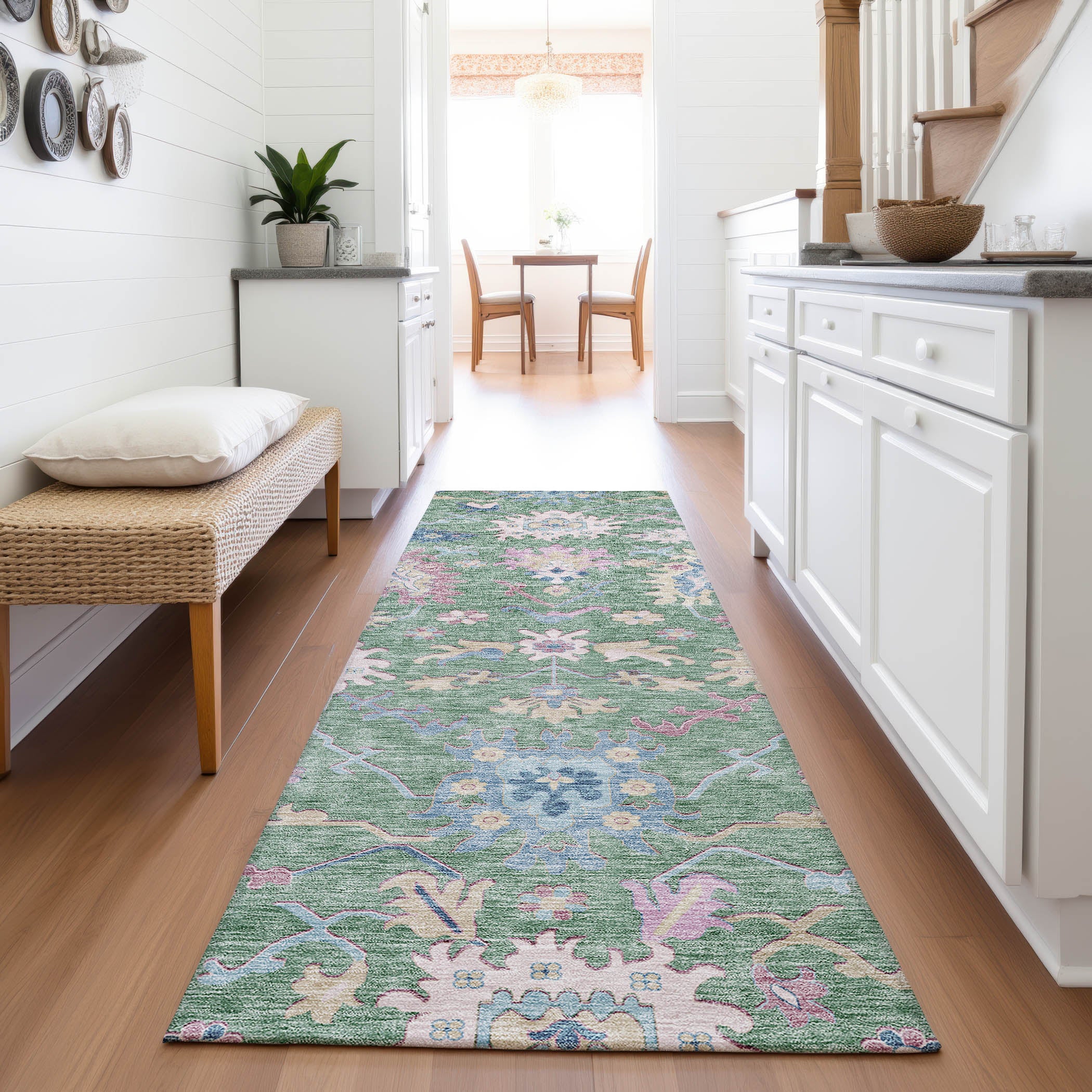 Porto Machine Washable Transitional Sage Green Rug 2'3" x 7'6" #shape_Runner