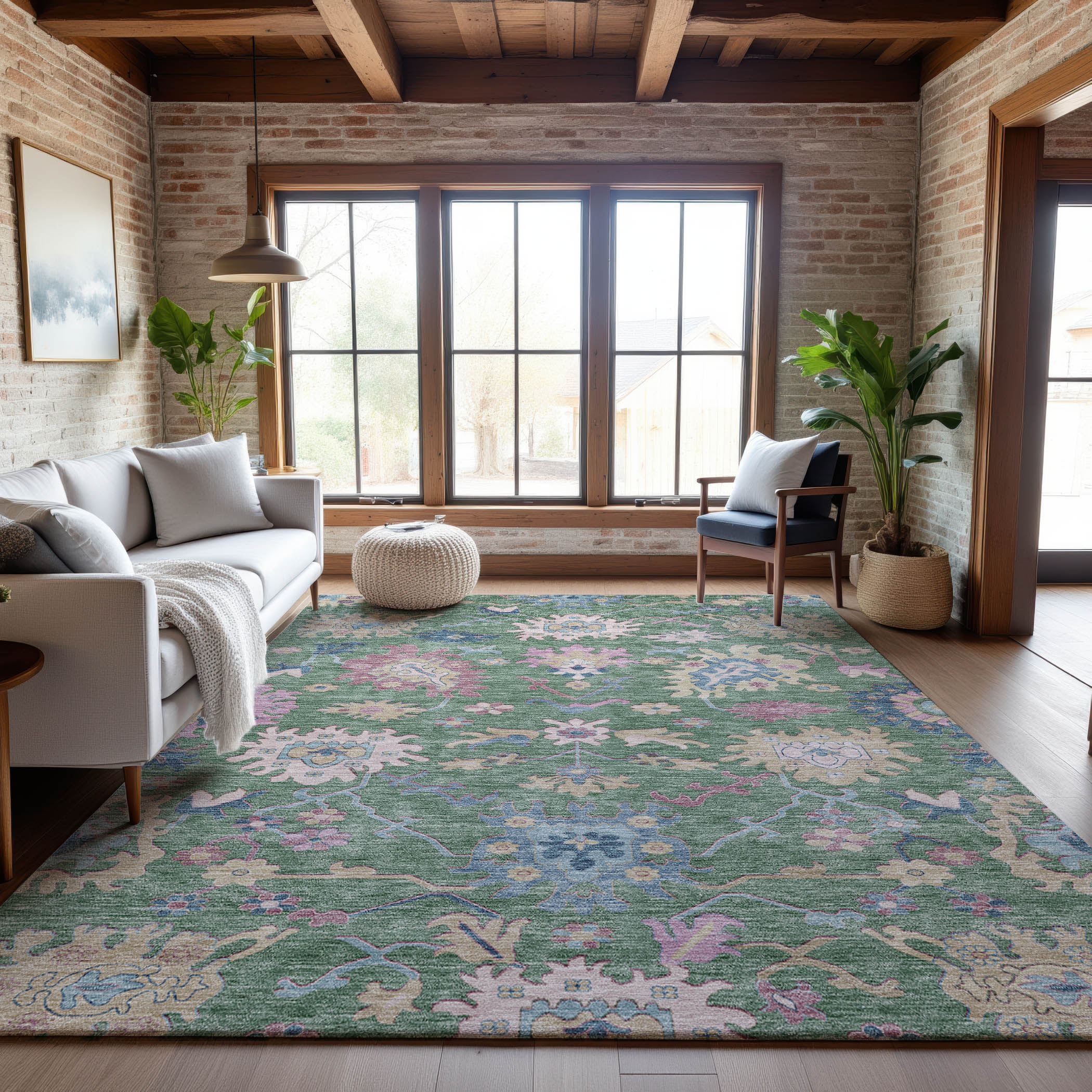 Porto Machine Washable Transitional Sage Green Rug 2'6" x 3'10" #shape_Rectangle