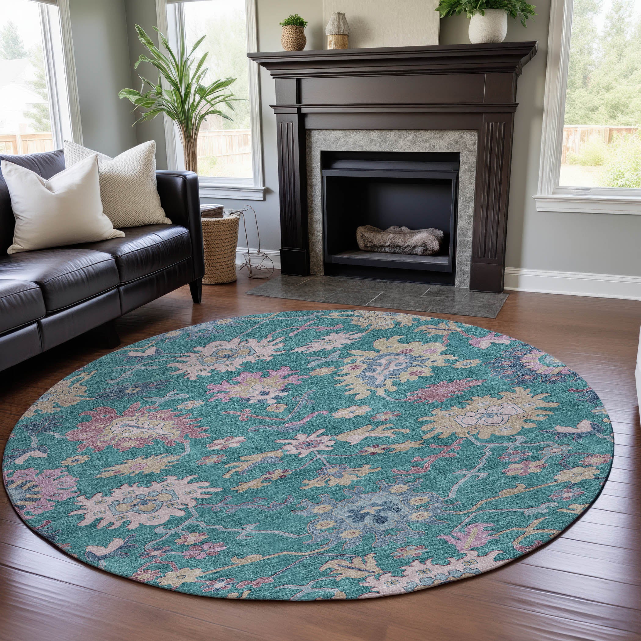 Porto Machine Washable Transitional Teal Rug 8' x 8' #shape_Round
