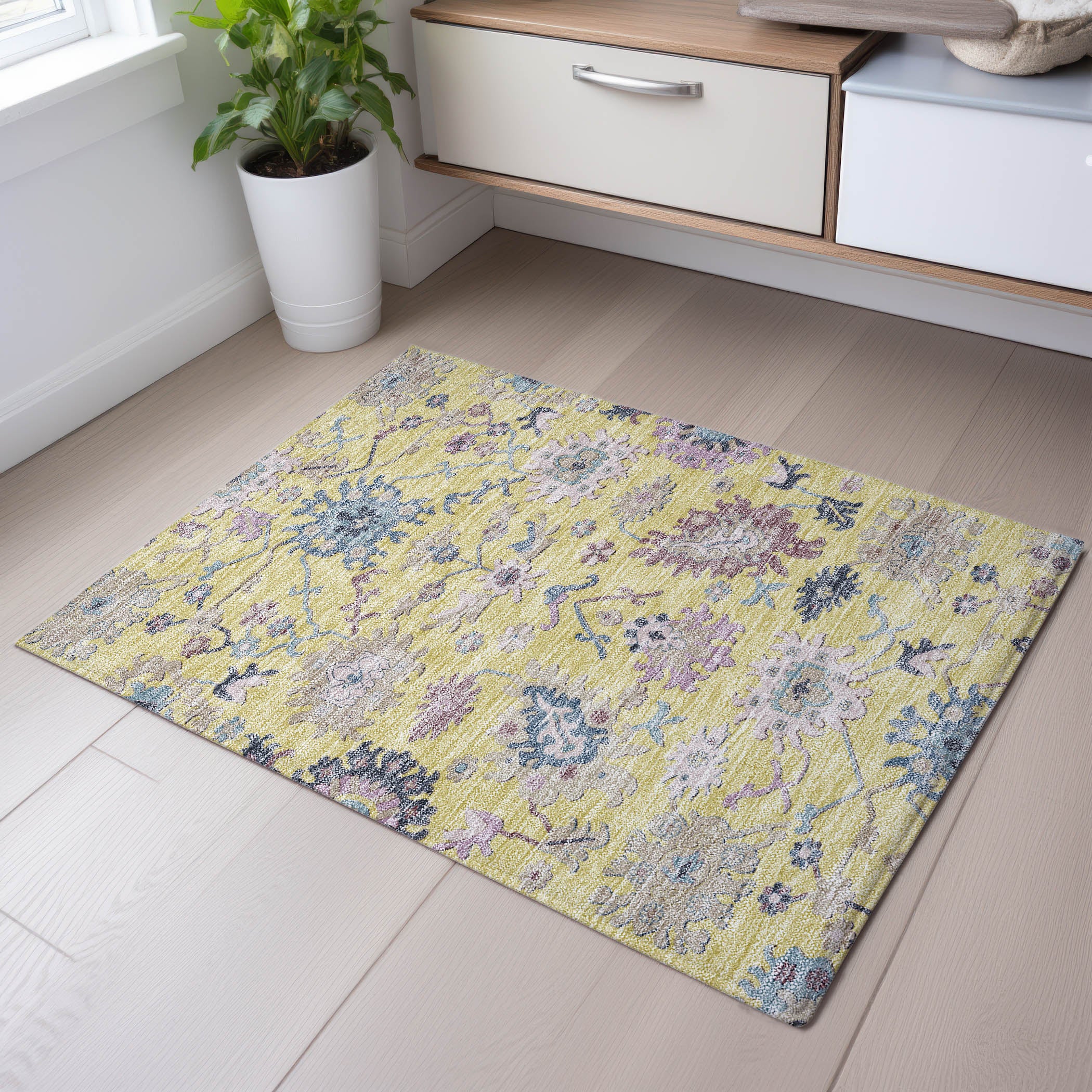 Porto Machine Washable Transitional Yellow Gold Rug 1'8" x 2'6" #shape_Rectangle