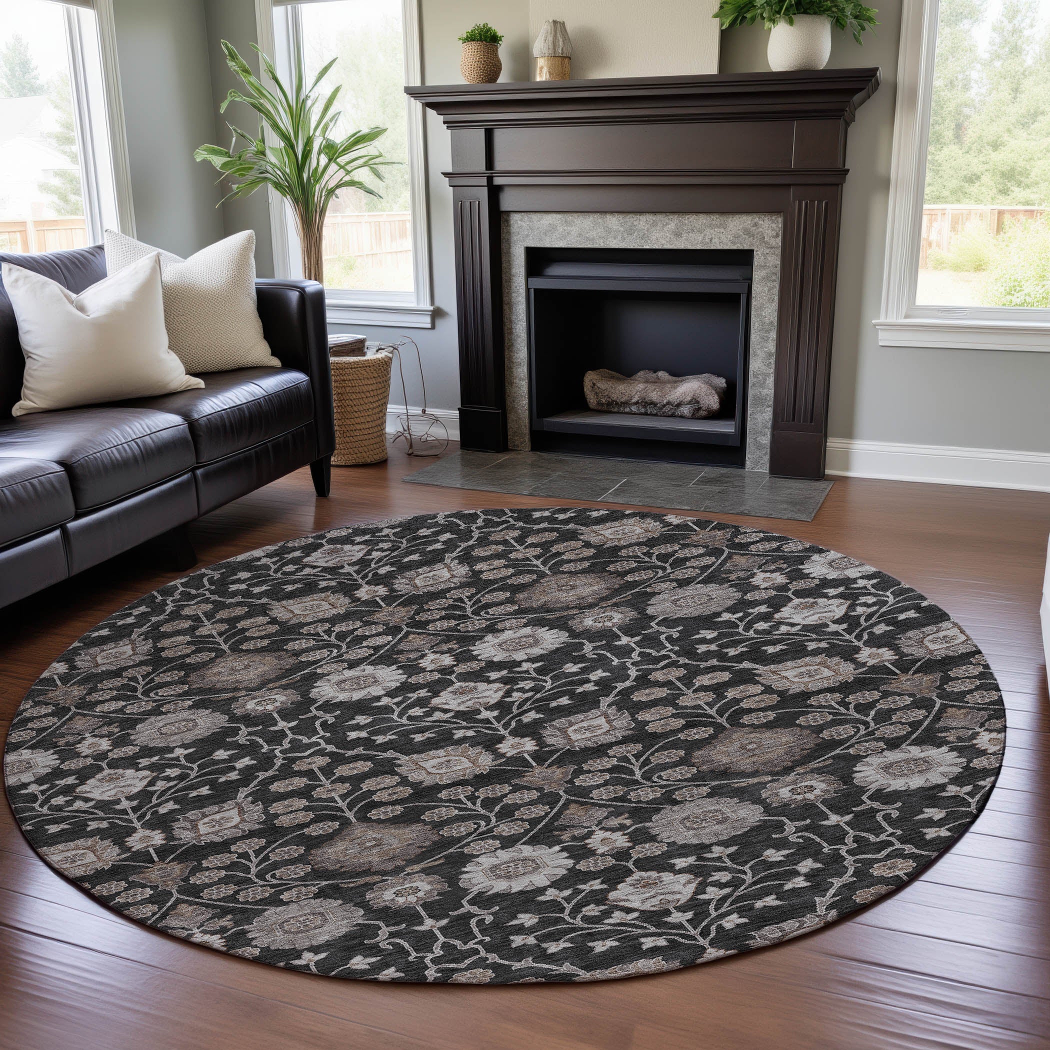 Zanzibar Machine Washable Transitional Black Rug 8' x 8' #shape_Round