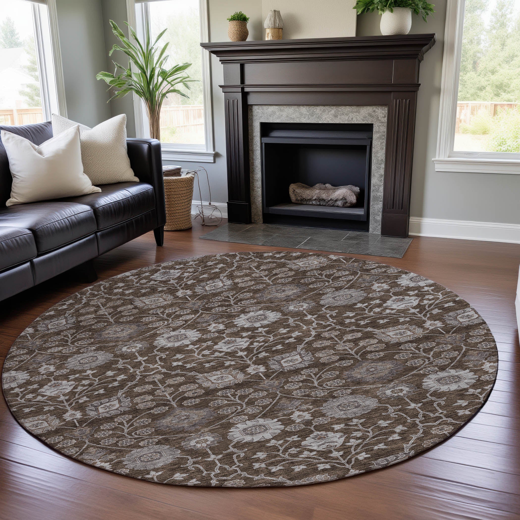 Zanzibar Machine Washable Transitional Chocolate Brown Rug 8' x 8' #shape_Round