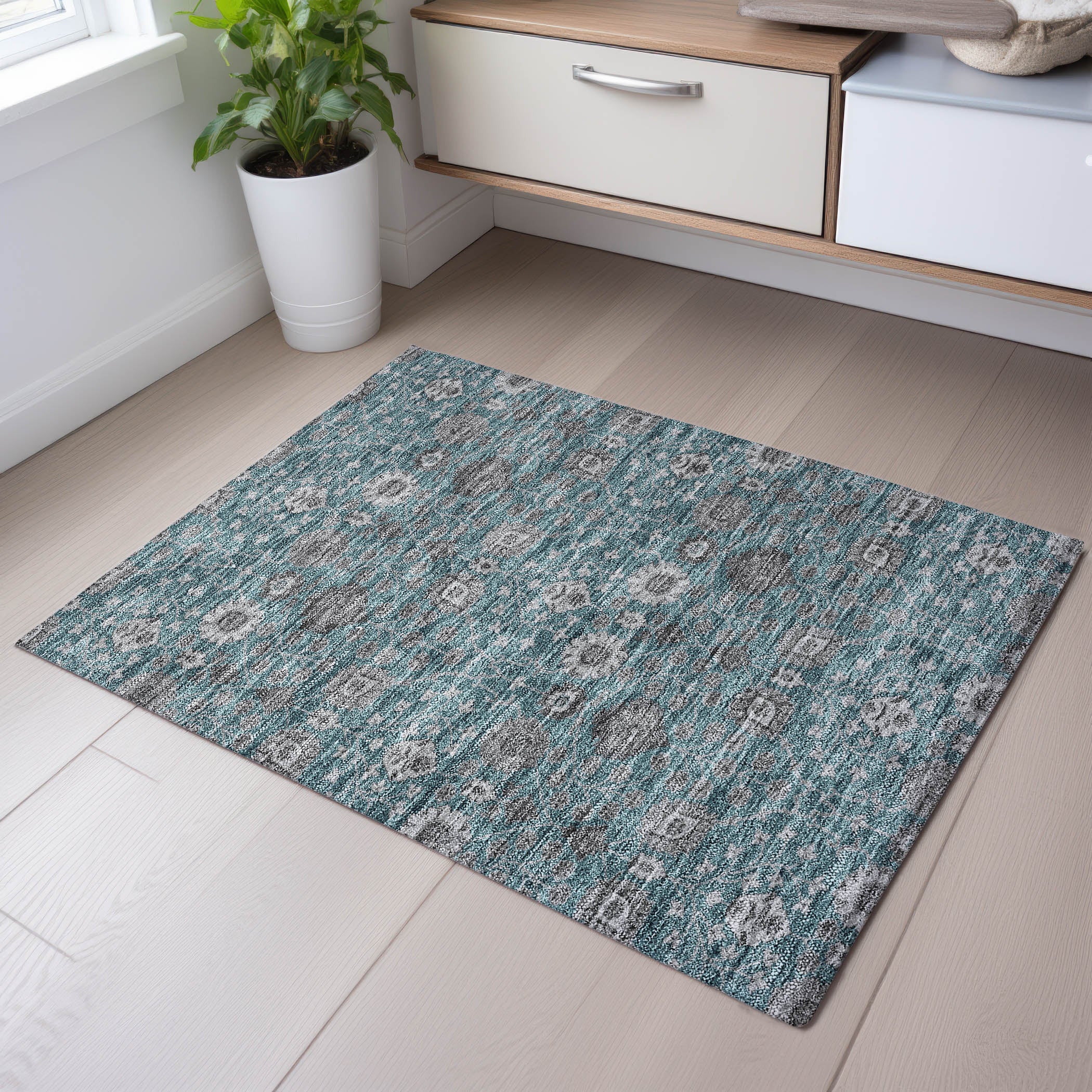 Zanzibar Machine Washable Transitional Teal Rug 1'8" x 2'6" #shape_Rectangle