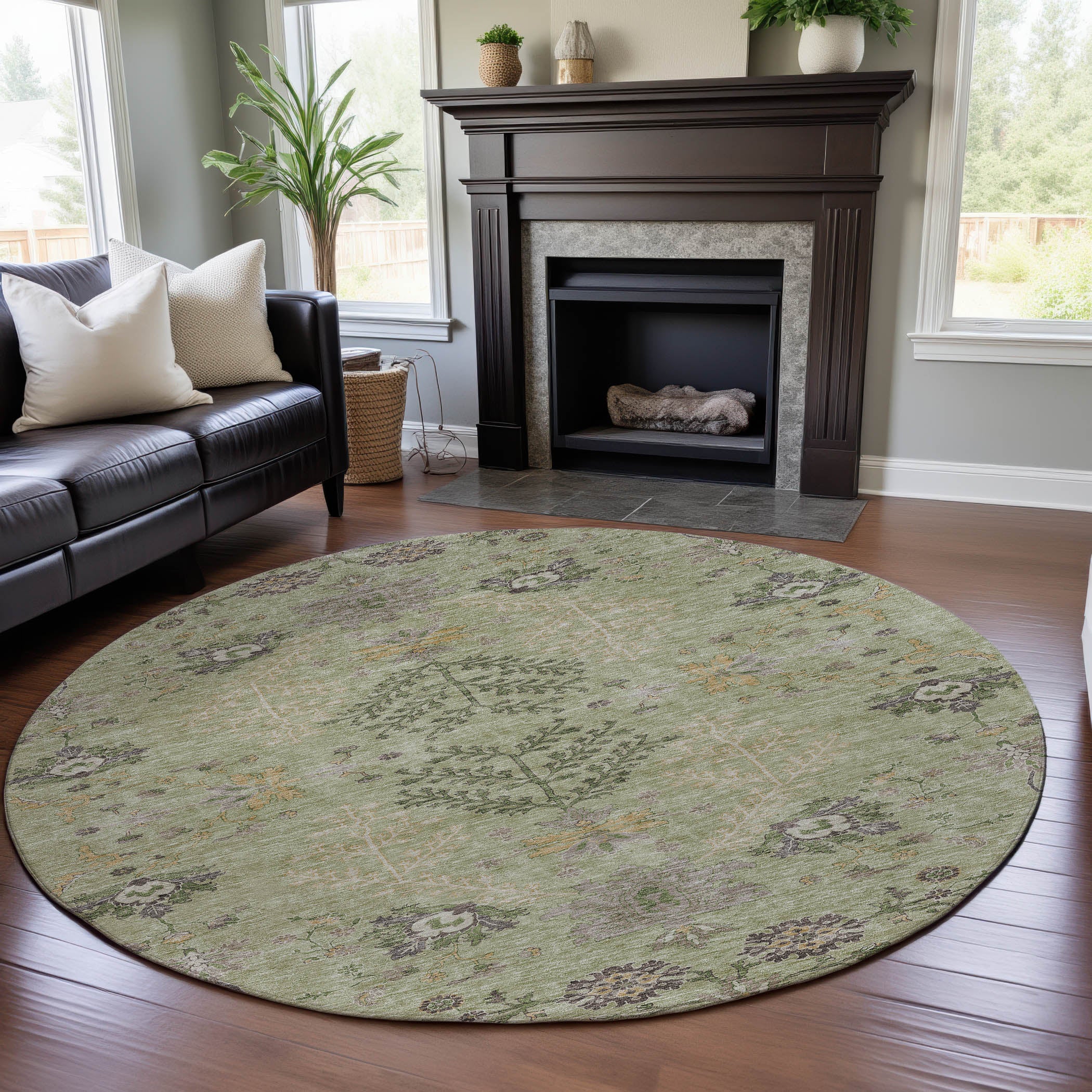 Queenstown Machine Washable Transitional Aloe Green Rug 8' x 8' #shape_Round