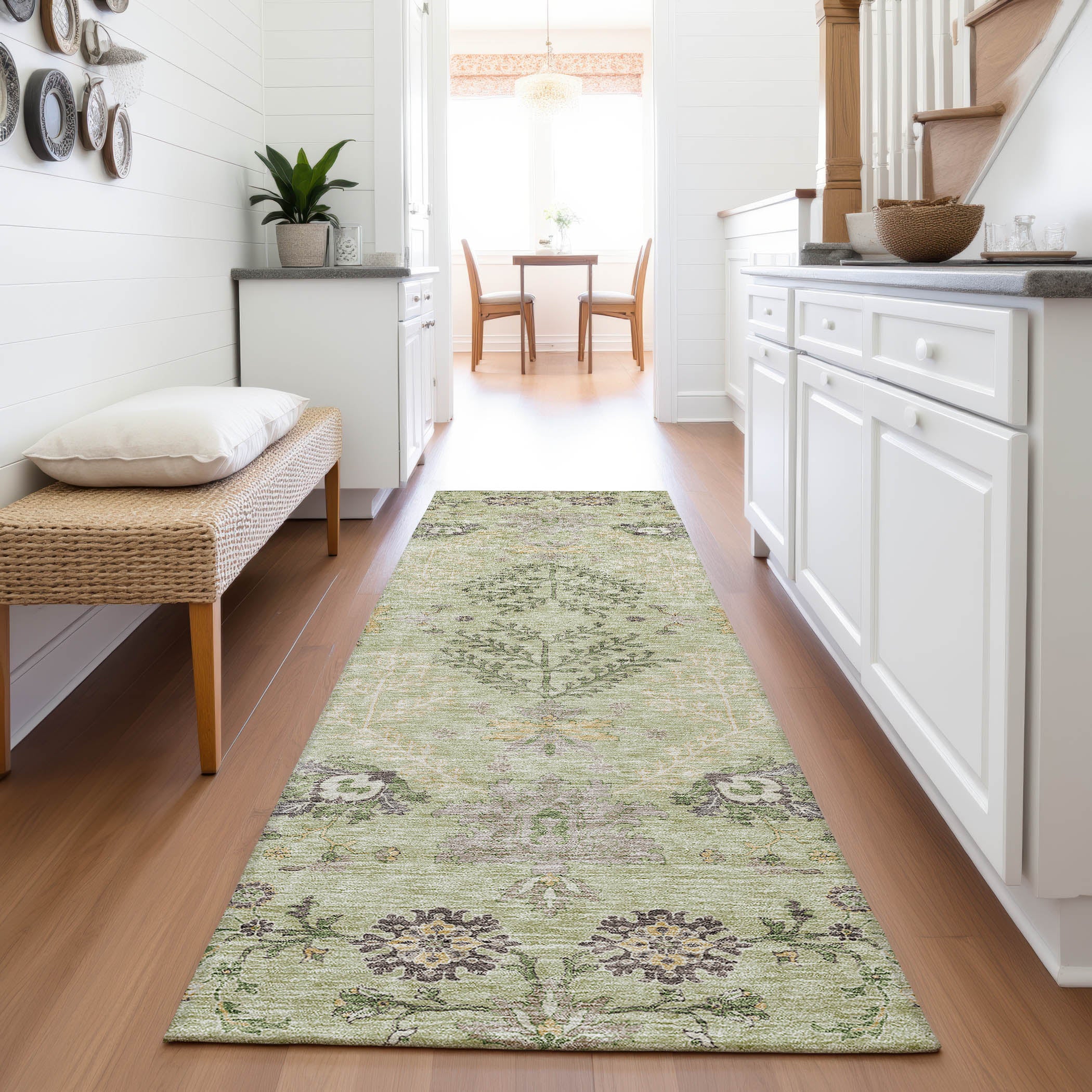 Queenstown Machine Washable Transitional Aloe Green Rug 2'3" x 7'6" #shape_Runner