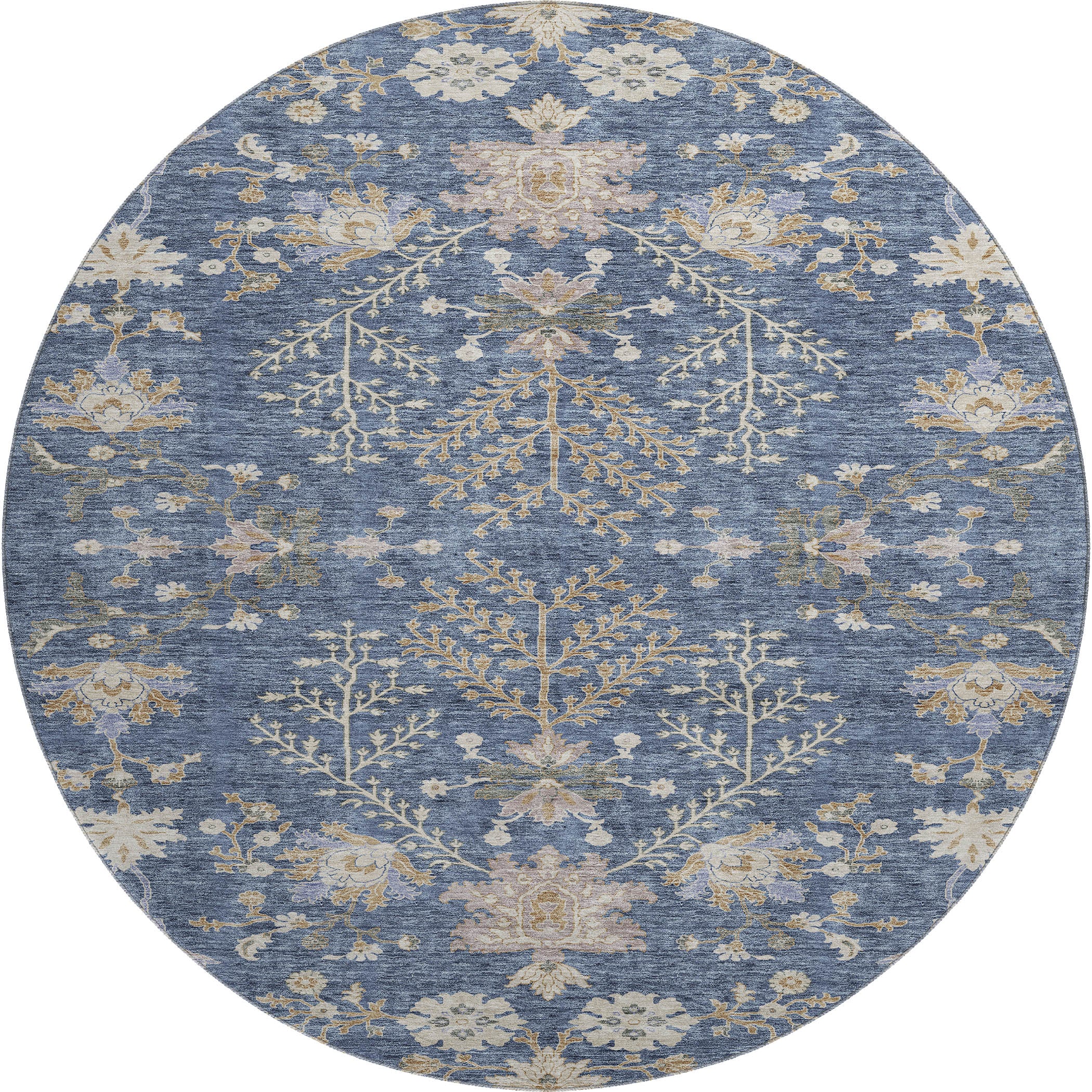Queenstown Machine Washable Transitional Blue Rug 8' x 8' #shape_Round