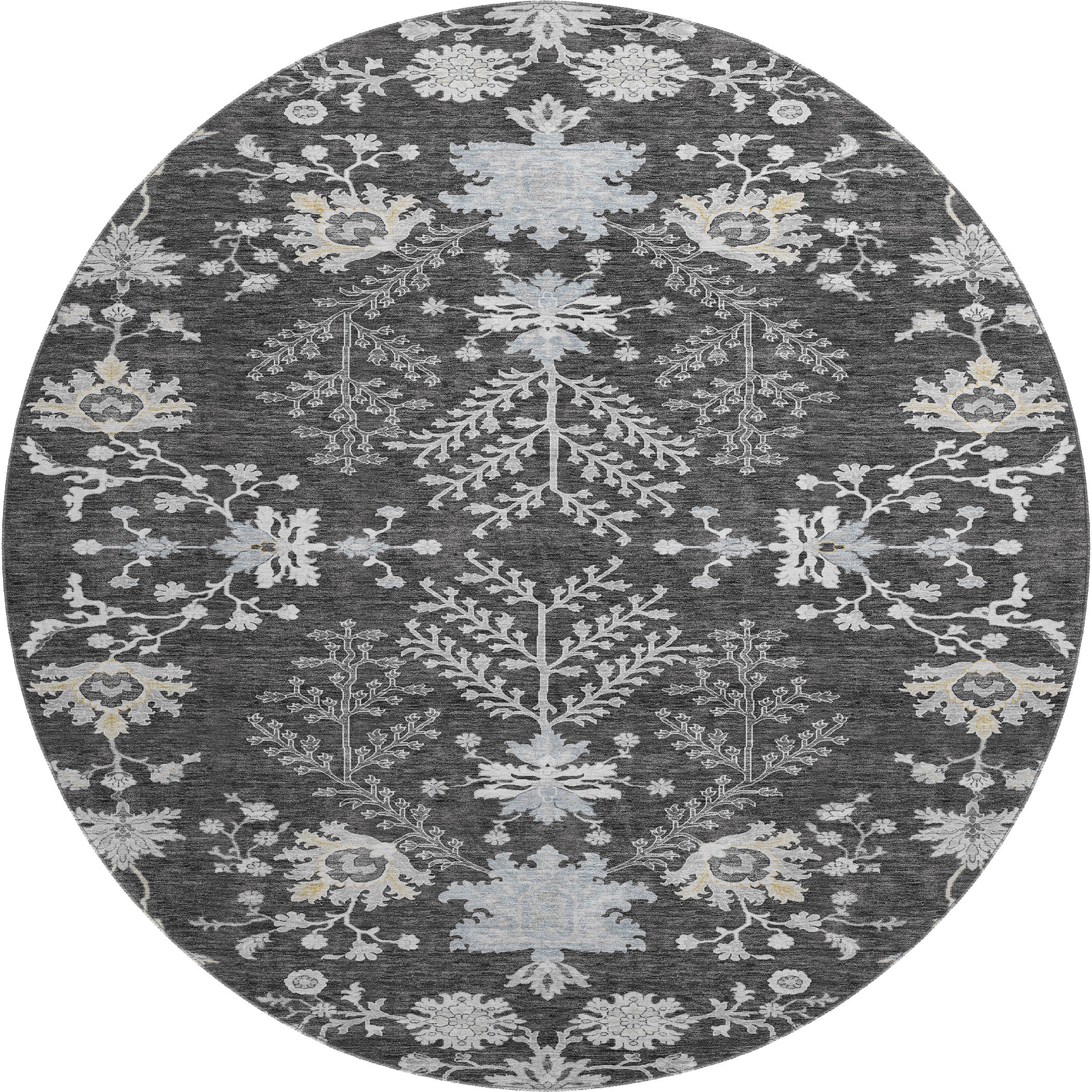 Queenstown Machine Washable Transitional Charcoal Gray Rug 8' x 8' #shape_Round