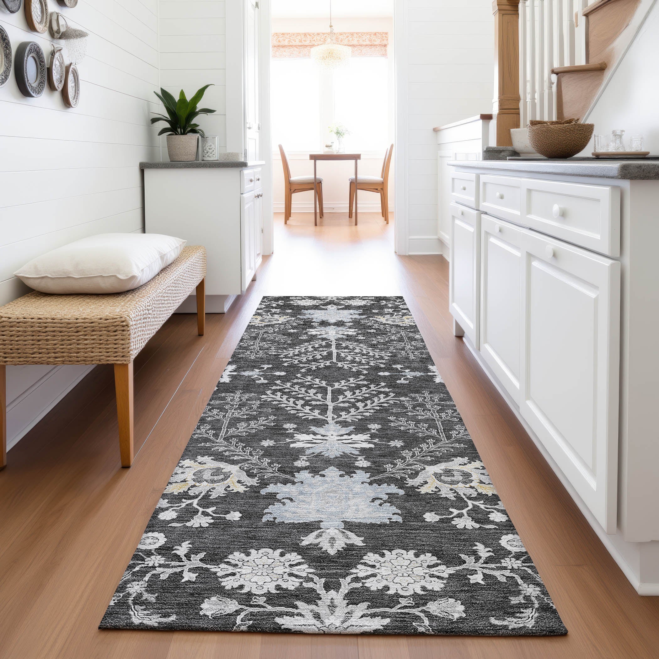 Queenstown Machine Washable Transitional Charcoal Gray Rug 2'3" x 7'6" #shape_Runner