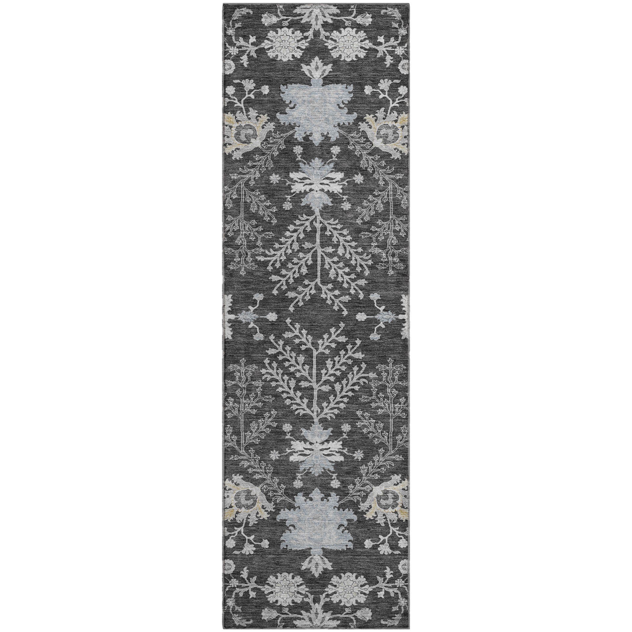 Queenstown Machine Washable Transitional Charcoal Gray Rug 2'3" x 7'6" #shape_Runner
