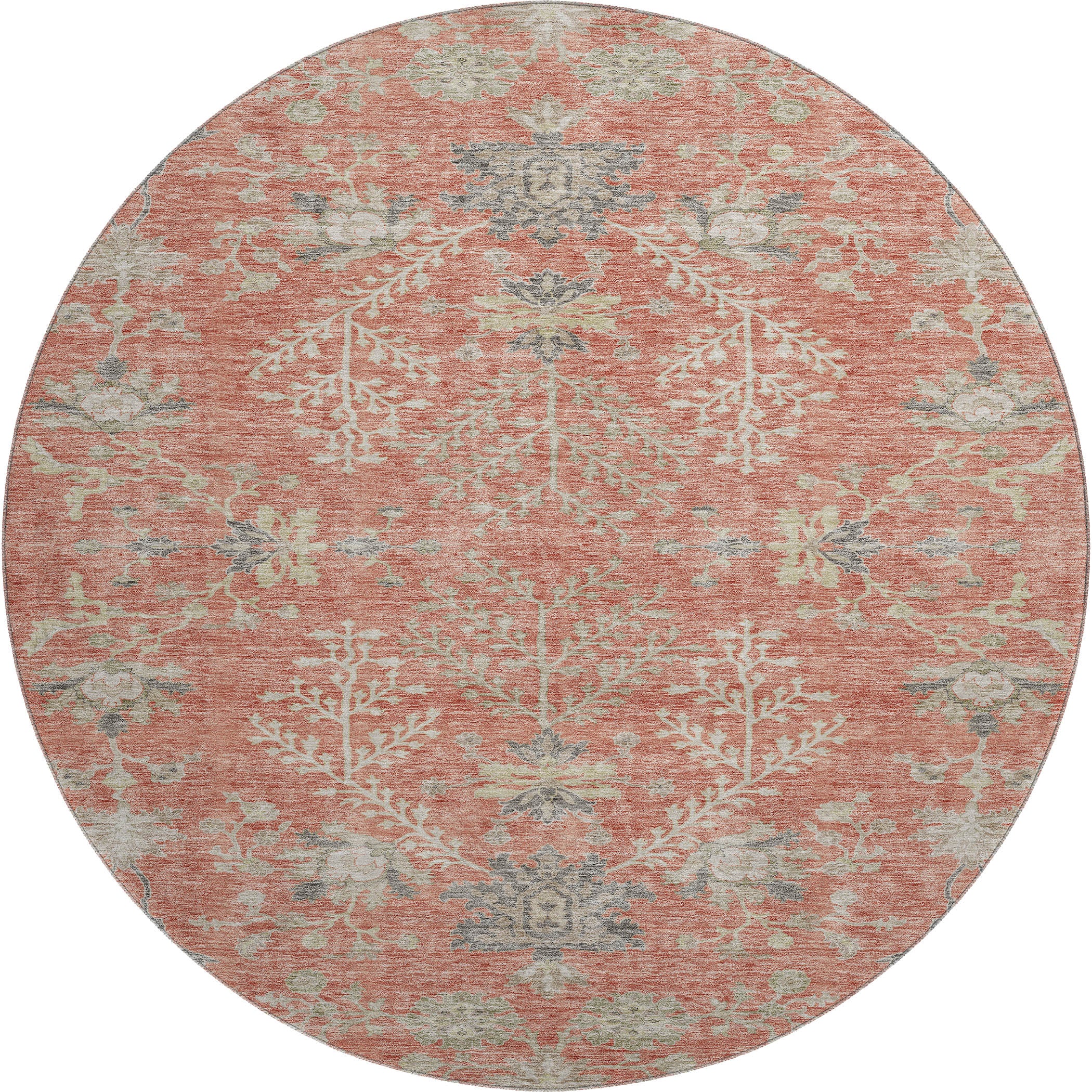 Queenstown Machine Washable Transitional Coral Orange Rug 8' x 8' #shape_Round