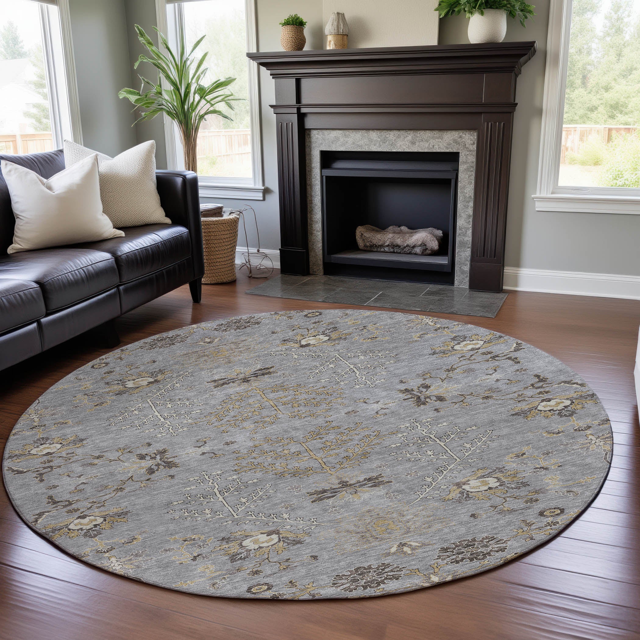 Queenstown Machine Washable Transitional Gray Rug 8' x 8' #shape_Round